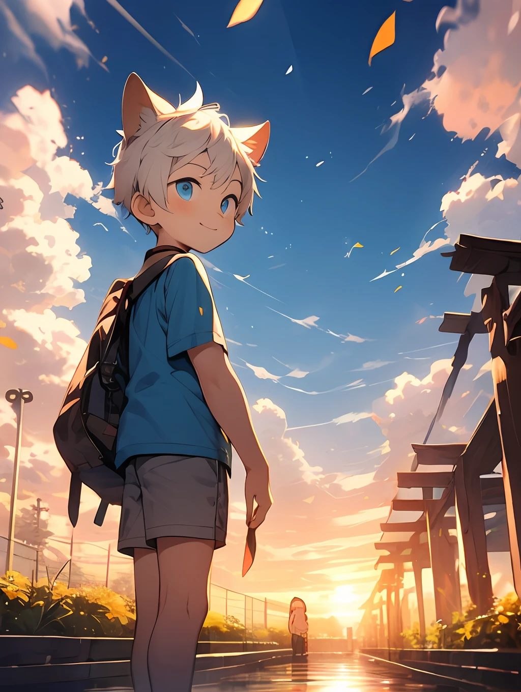 three quarter view，（Shota，iwhite colored hair，ddlers，Blue eyes，Libido boy，mascle）cat ear ， Cutes， to stand， Master masterpieces， high resolucion，8K，detailedbackground，highly quality，独奏，shortpants，yard，White flowers，the falling leaves，the clouds，setting sun，Happy expression