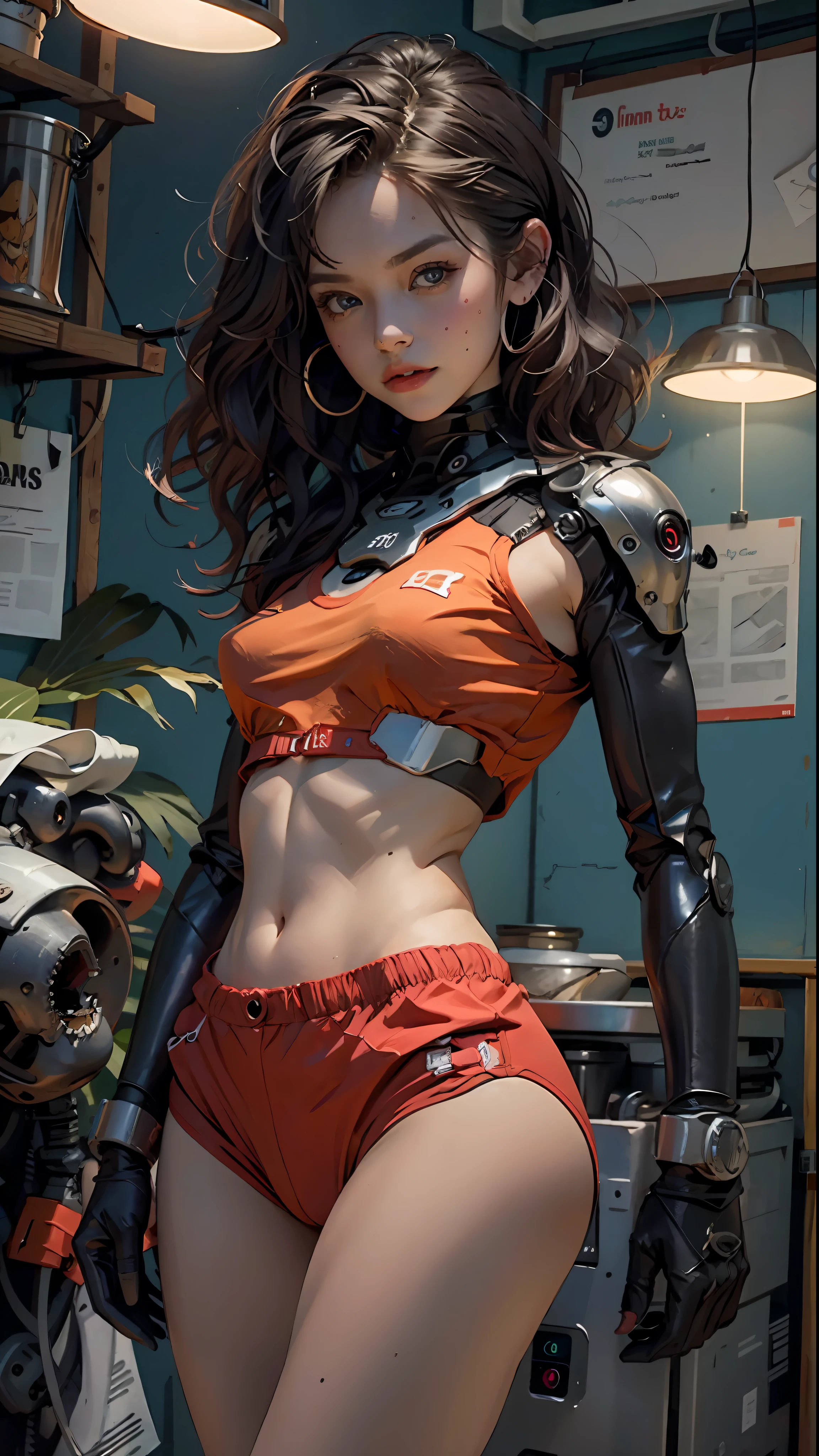 Woman body defined thick thighs cybernetic body parts, short underwear