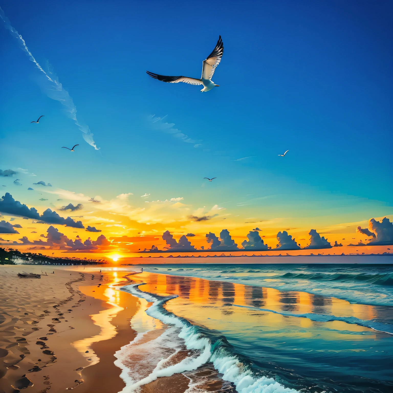 An absolutely mesmerizing sunset over the beach, The crystal clear waters of the river gently kiss the coast, com uma praia de areia branca que se estende por toda parte. A photo with more sky, and with white spaces to place text. The scene is dynamic and breathtaking, with seagulls flying high in the sky and palm trees swaying gently. Soak up the soothing atmosphere and let the tranquility take over you.