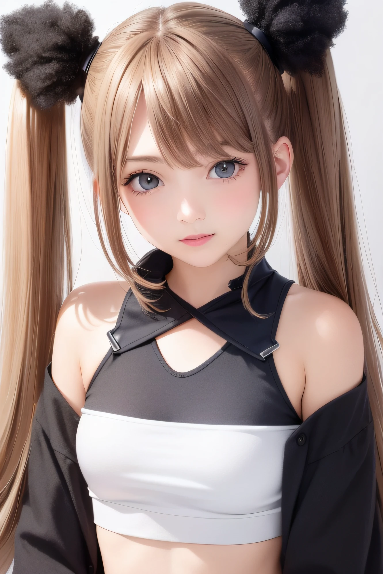 (Best Quality, Masterpiece: 1.1), (Realistic: 1.4), 1girl, Upper Body, Tight Crop Top, Twin Tails, Studio