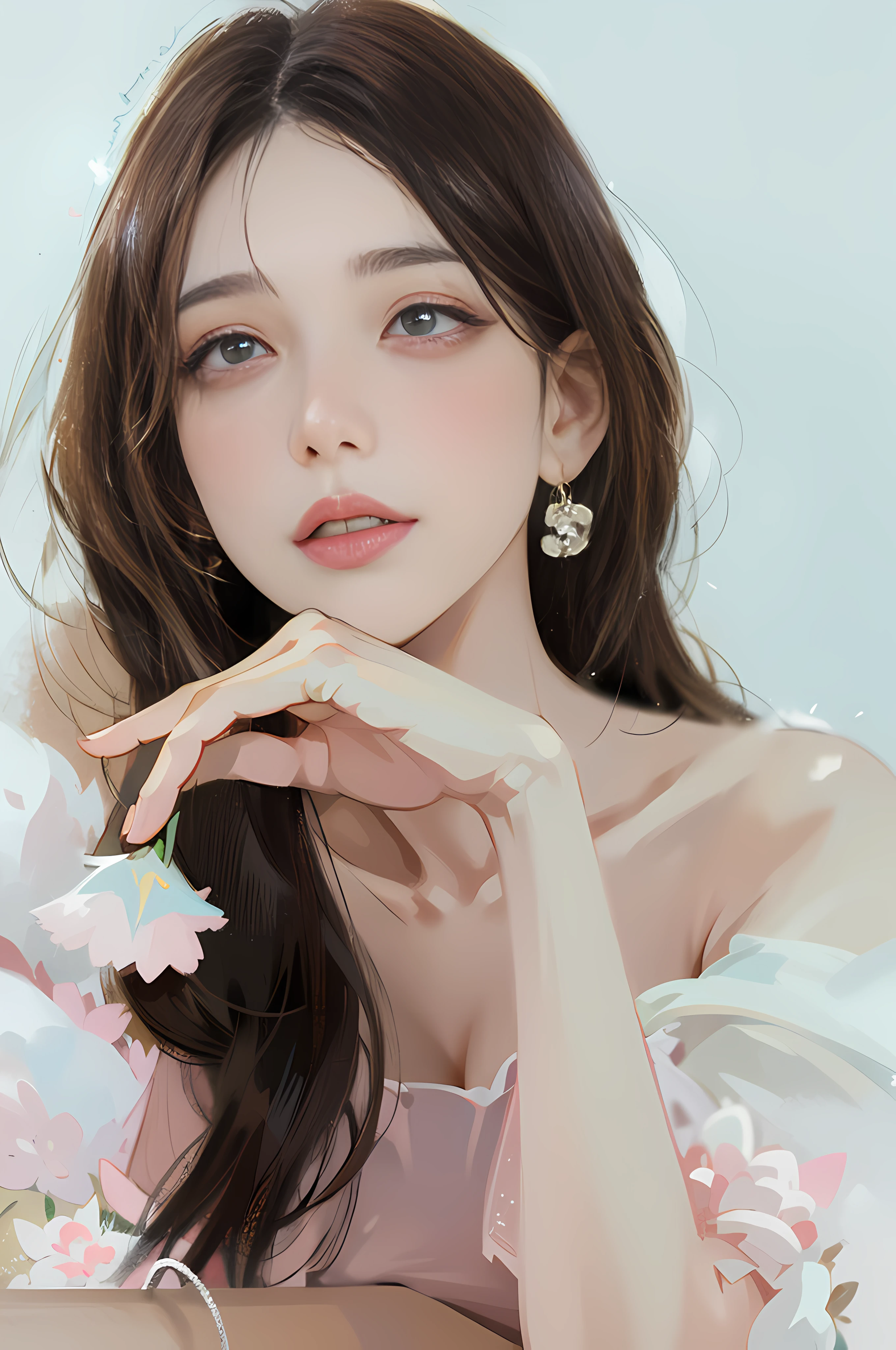 (nmasterpiece：1.2), Best quality,Unity 8k wallpaper, ultra -detailed, (s fractal art: 1.2), japan animation, CG, 1girls，a close up of a woman with long hair wearing a pink dress, Delicate makeup,Bright eye，ear ring，Smile with，pink  dress，Clear jade earrings，white teeth