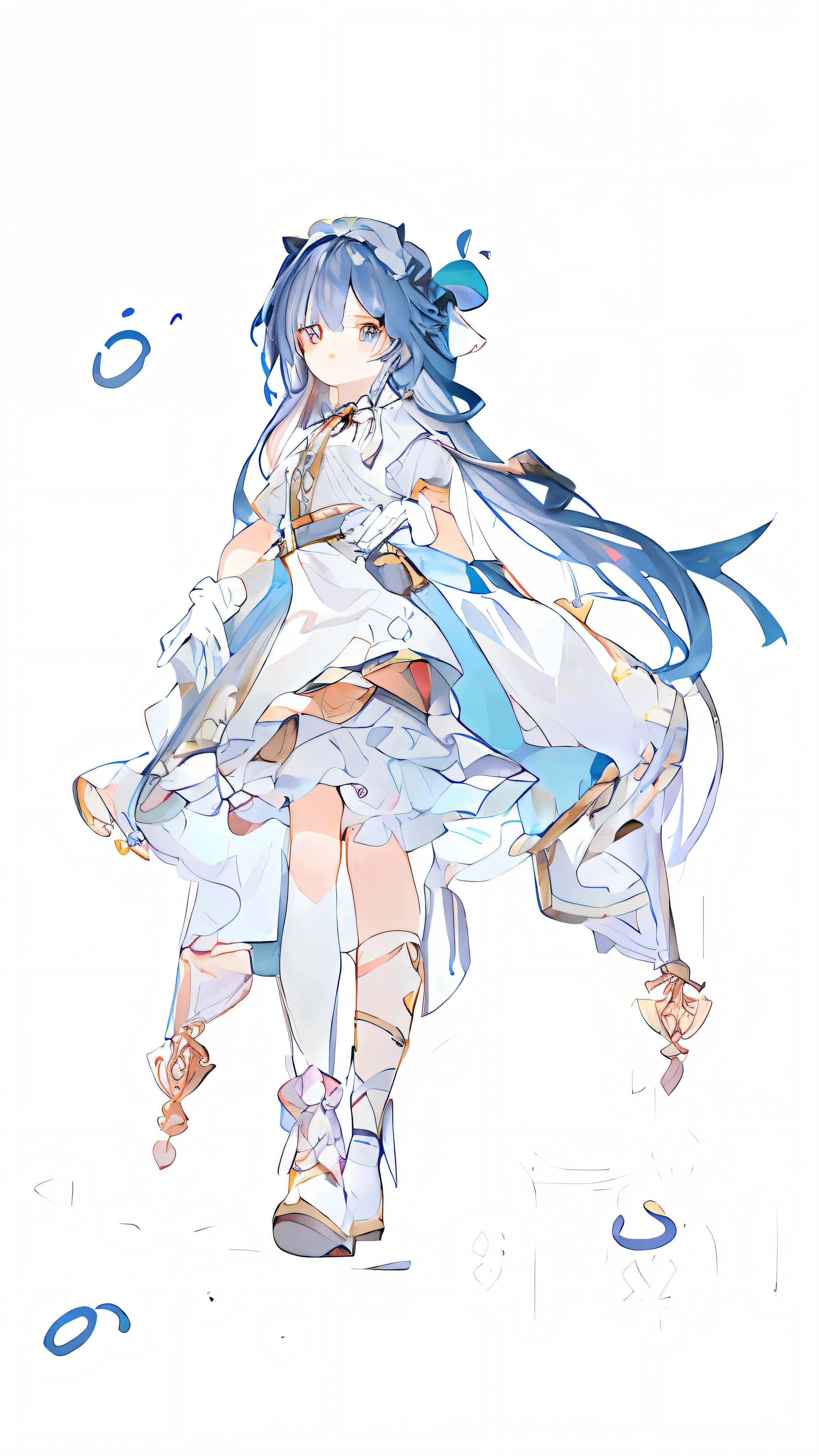 (zerochan art:multiple styles+pixiv contest winner, Food stewards:multiple styles+Simple hand drawn, Kamagurka:multiple styles+Retro+Cartoony, Genbu-an:Simple+bright, Shitao + Love light:Simple hand drawn+biaoqingbao+White dress)。White Lolita with blue double ponytailed beautiful girl, The style is dominated by pixiv,,The overall picture is in the style of a human anime, Mainly dark blue and white,Add hands, White gloves, Small animal elements,Detailing。