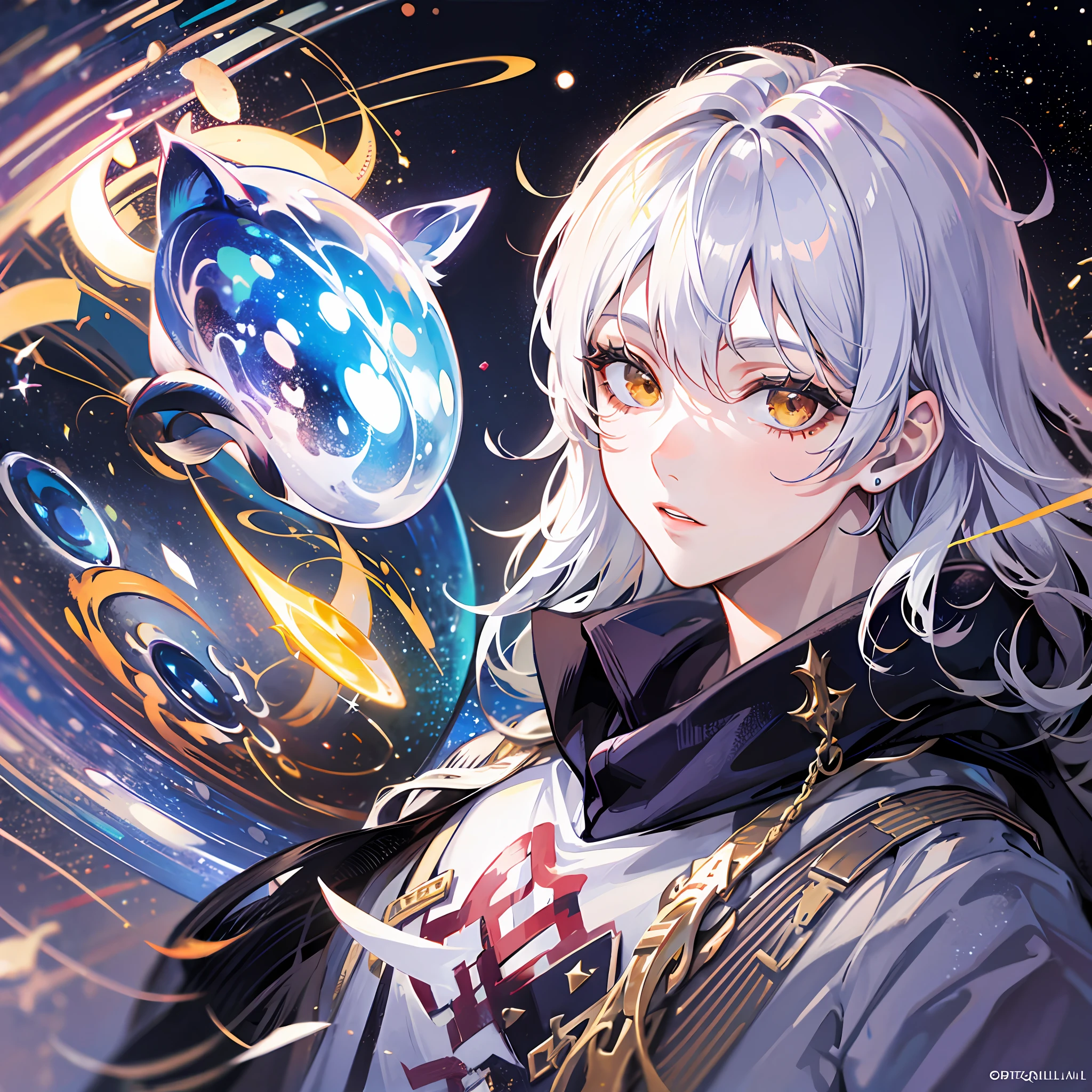 Silver lush hair，Pale yellow eyes，schoolboy，(White simple robe)God of the space，Space elements，Eyes gaze，Pay attention to detail，HighestQuali，Handsome，nothingness