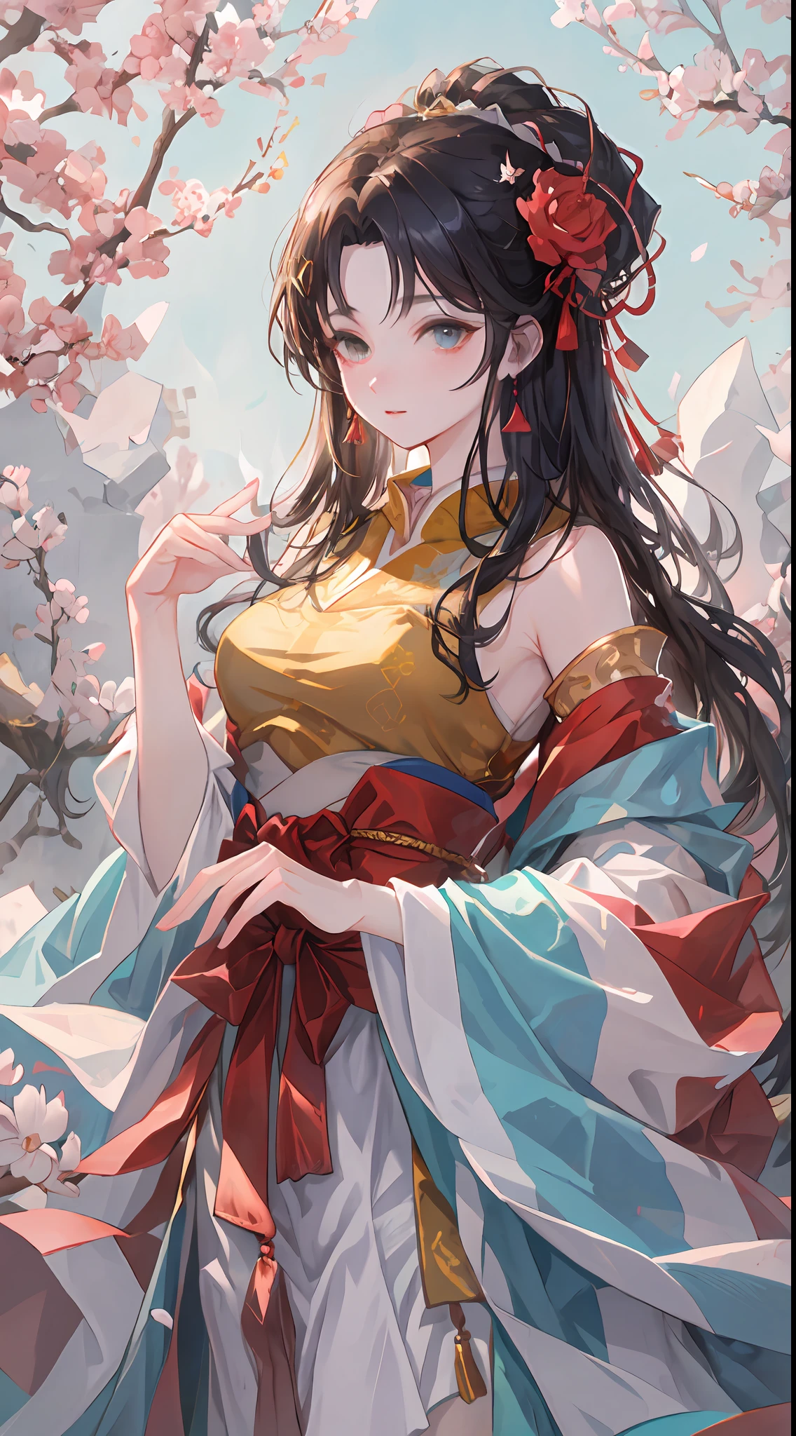A beautiful girl in ancient China, aloof temperament, rose red long dress, huge plum blossoms, standing under a tree, sunshine, clear face, masterpiece, super detailed, epic composition, high quality, highest quality, 16k