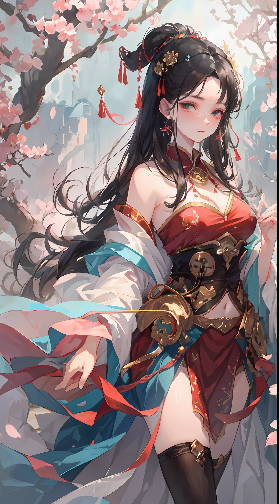 A beautiful girl in ancient China, aloof temperament, rose red long dress, huge plum blossoms, standing under a tree, sunshine, clear face, masterpiece, super detailed, epic composition, high quality, highest quality, 16k
