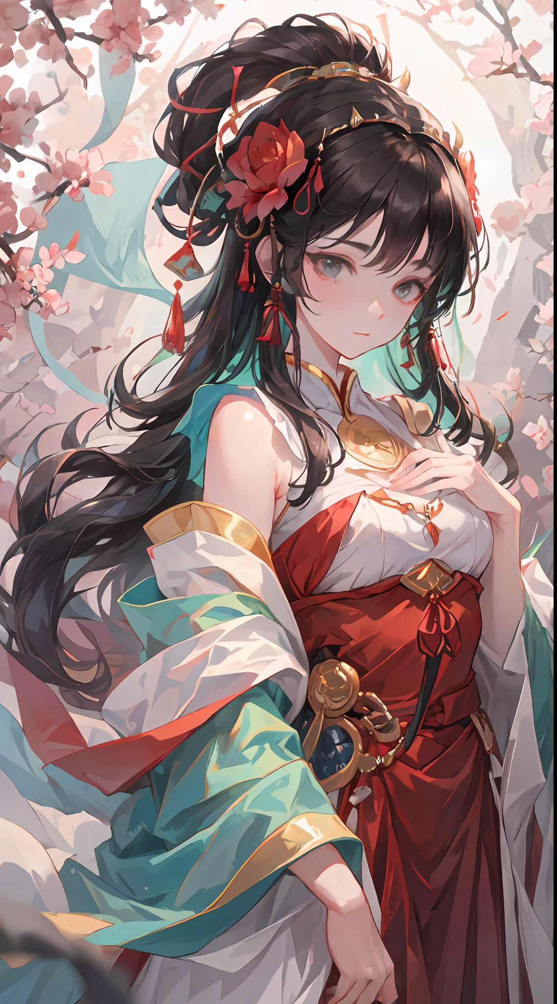 A beautiful girl in ancient China, aloof temperament, rose red long dress, huge plum blossoms, standing under a tree, sunshine, clear face, masterpiece, super detailed, epic composition, high quality, highest quality, 16k