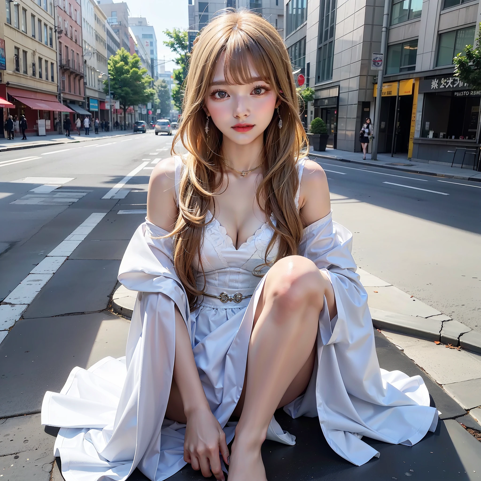 best quality、UltraHighResolution、(photorealestic:1.4)、a 1 girl、A masterpice、al fresco、A full body、Blonde Princess、white dress、dreadlocks、