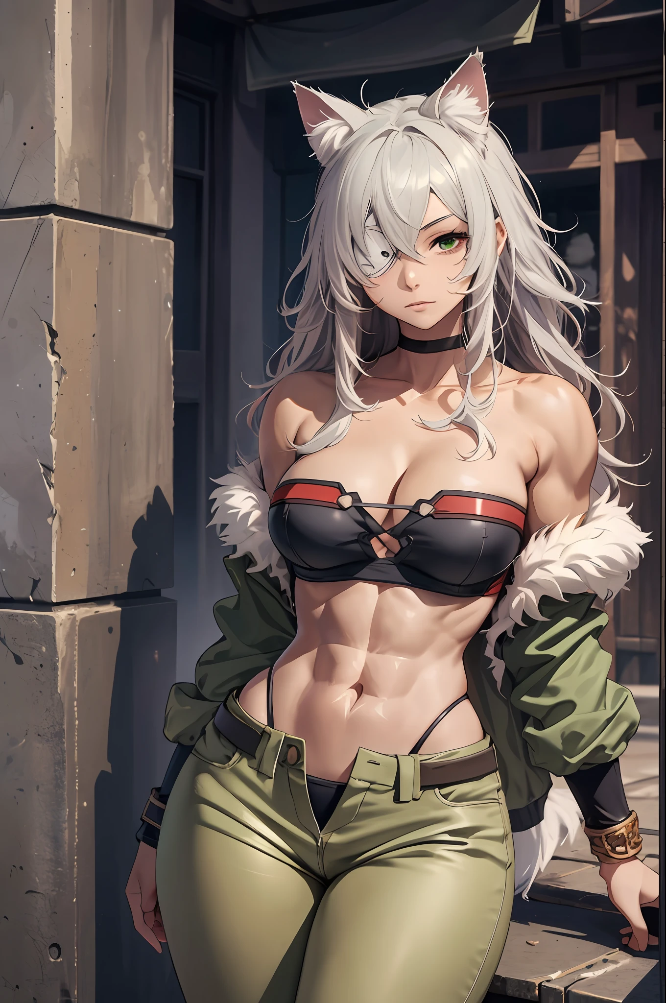 Ghislaine, anime style beautiful woman, 1girl, highres, sharp focus, pixiv masterpiece, ((intricate details)), highly detailed, one-eyed, grey hair, cat ears, red bandeau, muscular, green pants, top quality, high resolution.