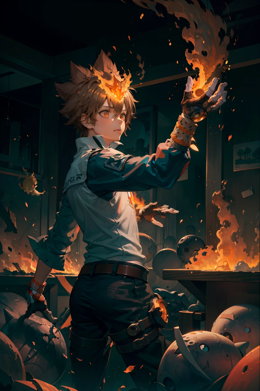 1boys, masterpiece, best quality, ultra-detailed, illustration, epic lighting, cinematic composition, isometric, tsuna sawada, cute, brown hair, ponytail, orange eyes, , detached sleeves, (rich in details), masterpiece, Tindal effect, (Balance and coordination between all things), fire, fire breeze, particle effects, orange theme, (8k:1.1),