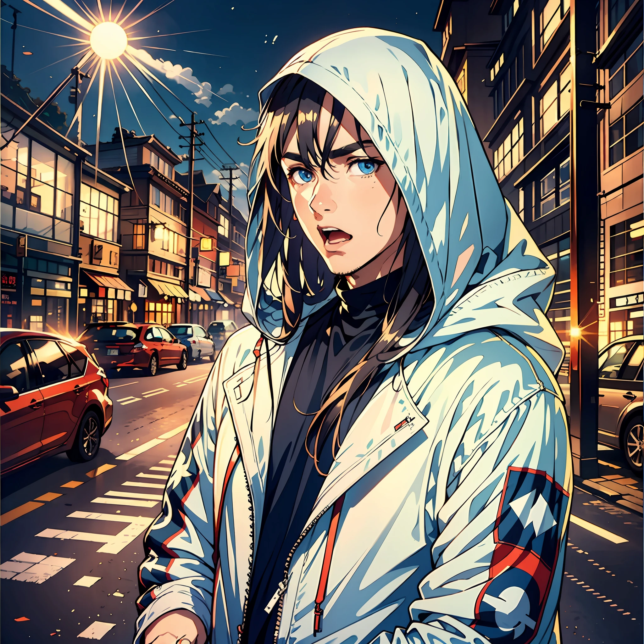 A 25-year-old man,Nice blue eyes,White long hair,astonishment,is shocked,Grew a mouth,Sun'rays,Streets,automobile,Hooded storm jacket,sidelighting, Masterpiece of the best quality,8K,intensely detailed,highly quality,high resolucion