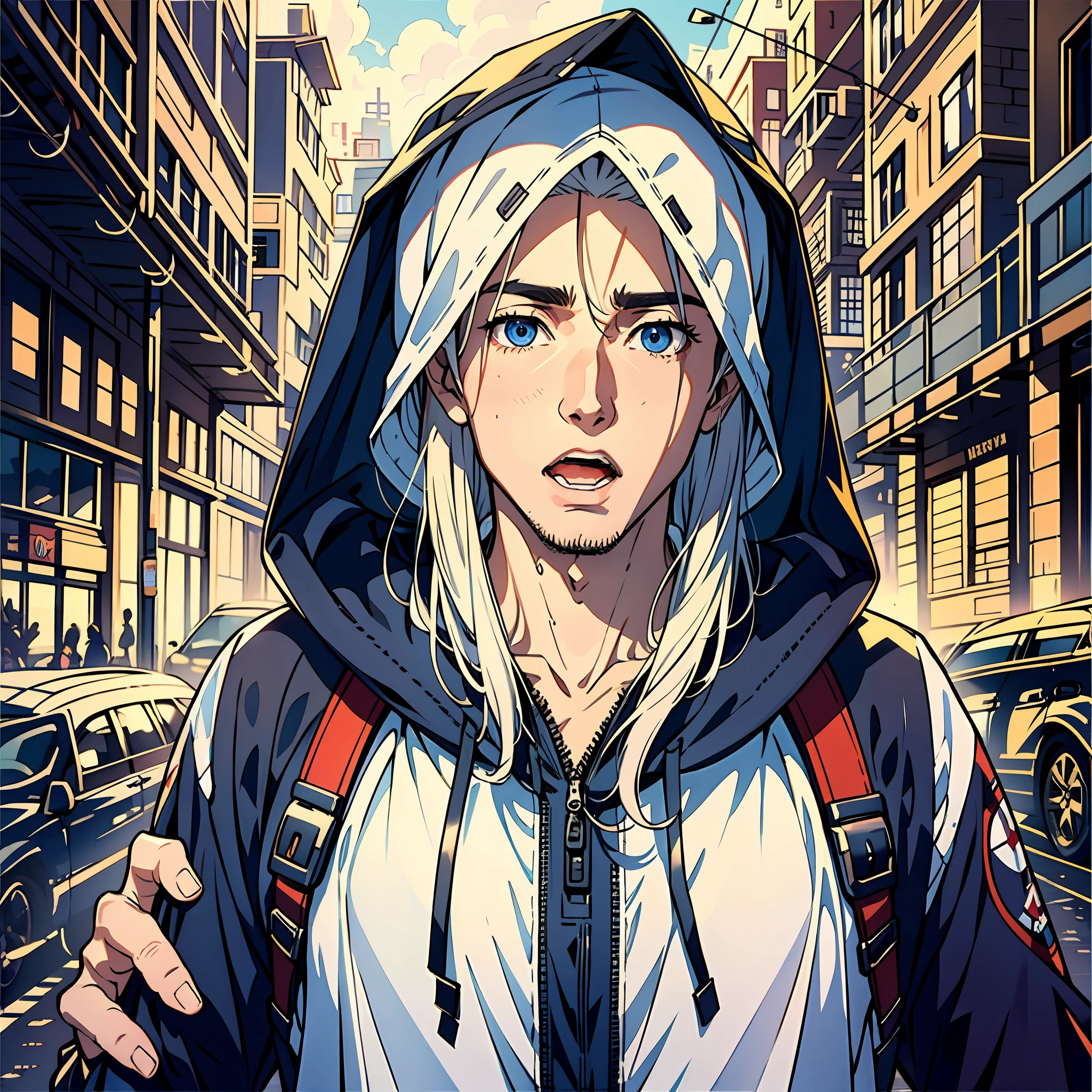 A 25-year-old man，Nice blue eyes，White long hair，astonishment，is shocked，Grew a mouth，Sun'rays，Streets，automobile，Hooded storm jacket，sidelighting, Masterpiece of the best quality，8K，intensely detailed，highly quality，high resolucion