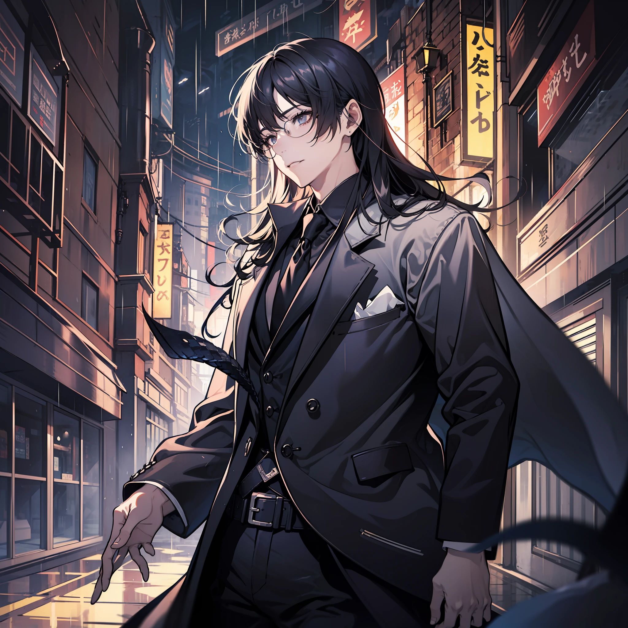 A young doctor with long hair，black  hair，Mechanical handguards，Cold，Handsome，eye glass，Rainy night alley，Domineering，Illustration style，shadowy，Cold-blooded，Black snake and silver dragon，Handsome male guy