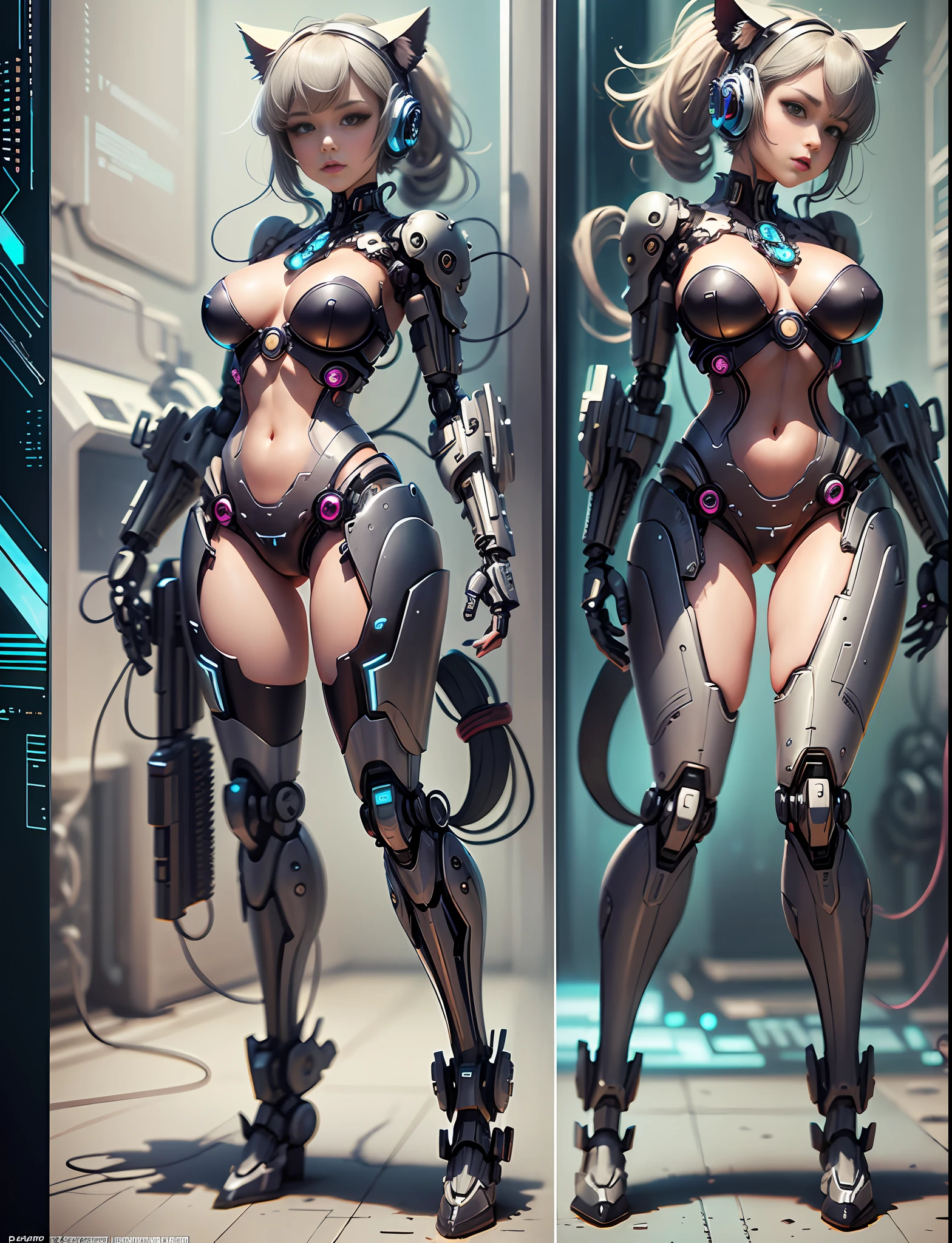 Character sheet, full body photo of Reika Shimohira as a Nekomata catgirl in a cat suit with a gun, front and back view, diagrams, digital cyberpunk - anime art, digital cyberpunk anime art, cyberpunk anime girl mech, fully robotic!! catgirl, digital cyberpunk anime!!, deviantart eka's portal, mechanized art concept, mechanized valkyrie girl, beautiful robot character design, official fanart behance hd, cyberpunk art style