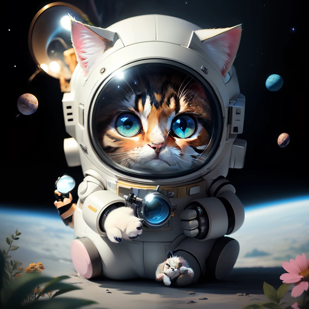 (masterpiece),(best quality),(ultra-detailed), (full body:1.2),cat, forest, cute , flowers, outdoors, blush, tree, :3, Holding a magnifying glass,robot,in space,Wearing space suits,brown headwear, blurry, blush stickers, (beautiful detailed face), (beautiful detailed eyes),