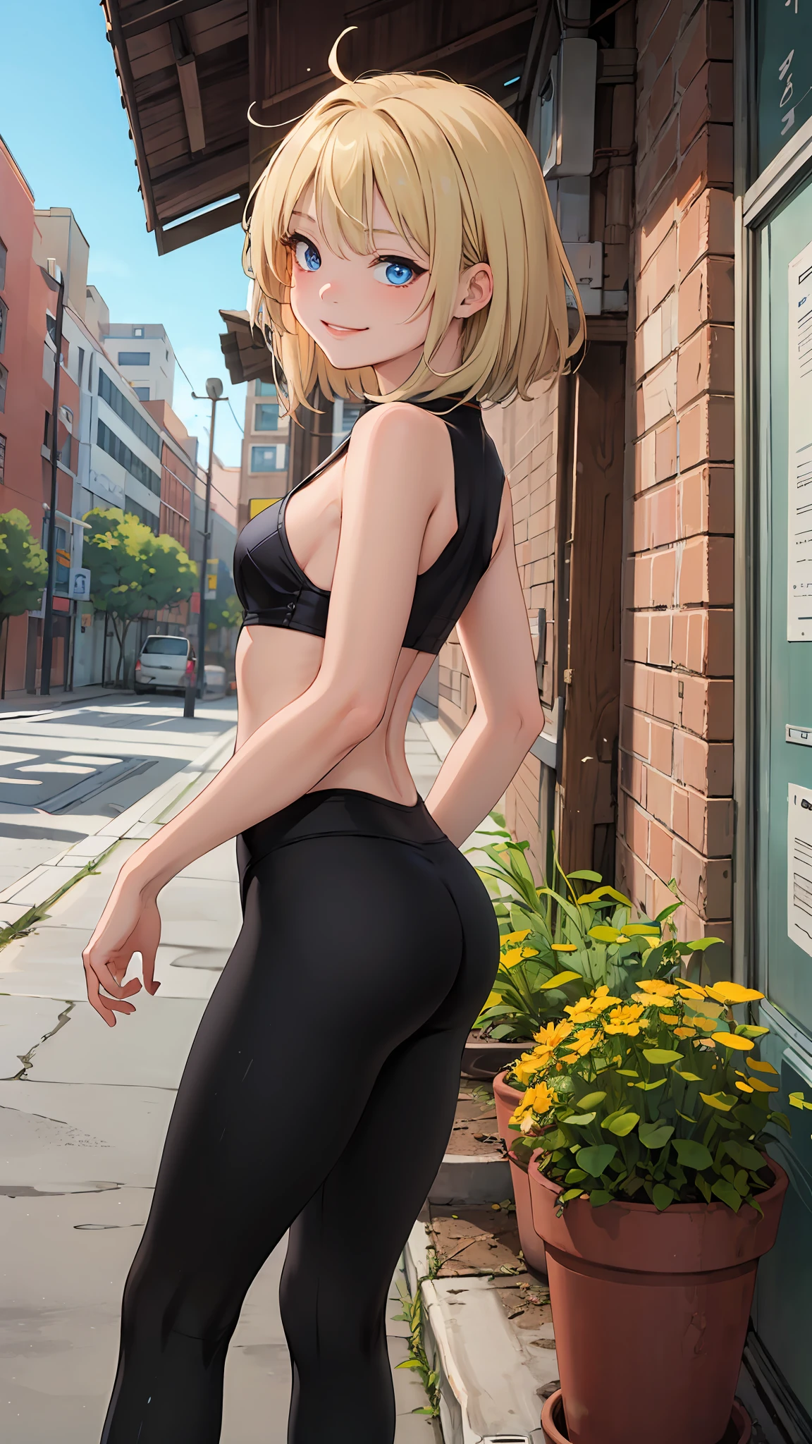 best quality, masterpiece, small breasts, ***********, smile, legging, outdoors, alone, anime style, outdoor deserted street, daytime, blue sky, blue eyes, detailed eyes, medium hair, blonde hair, loose hair, bangs, butt,