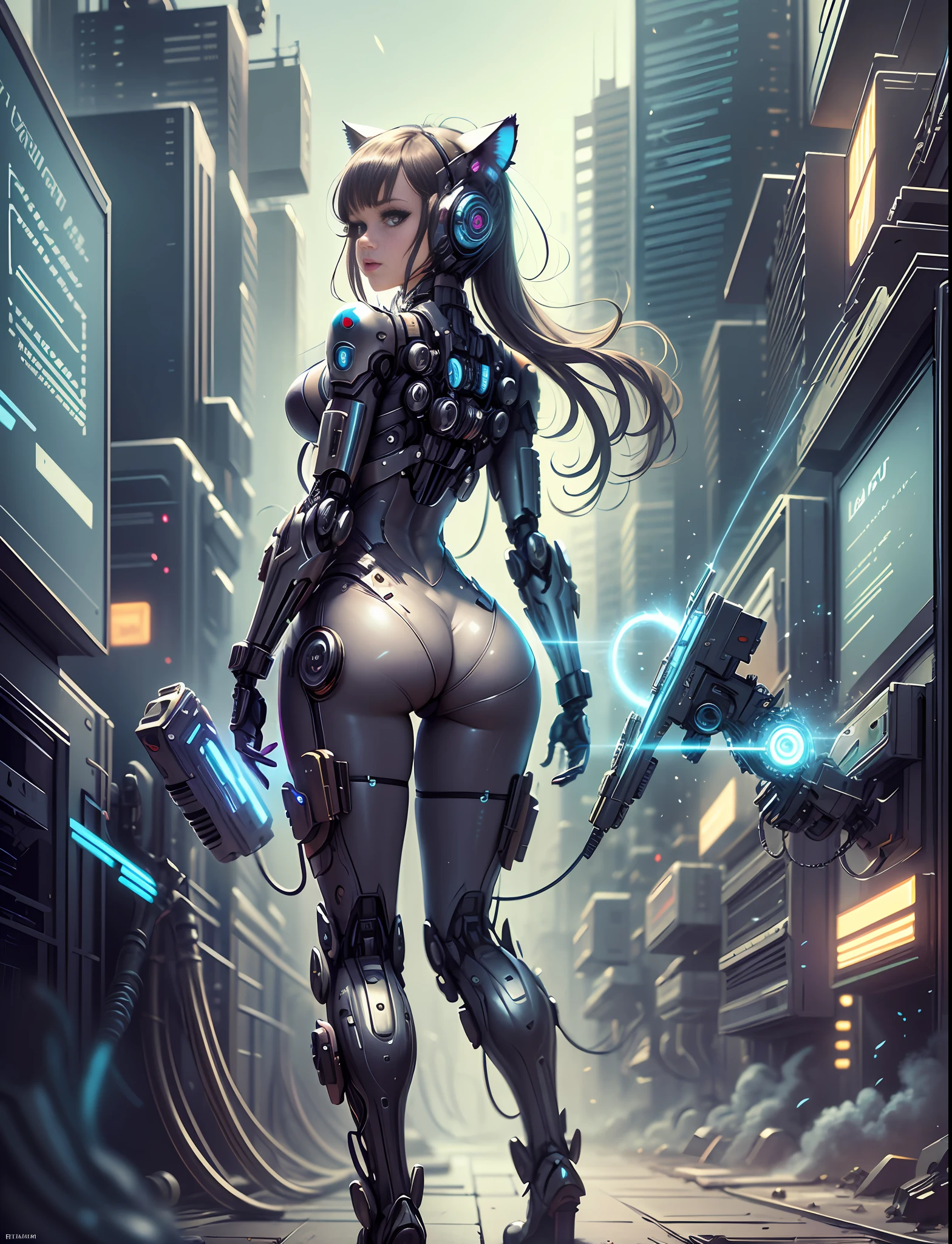 Character sheet, full body photo of Reika Shimohira as a Nekomata catgirl in a cat suit with a gun, front and back view, diagrams, digital cyberpunk - anime art, digital cyberpunk anime art, cyberpunk anime girl mech, fully robotic!! catgirl, digital cyberpunk anime!!, deviantart eka's portal, mechanized art concept, mechanized valkyrie girl, beautiful robot character design, official fanart behance hd, cyberpunk art style