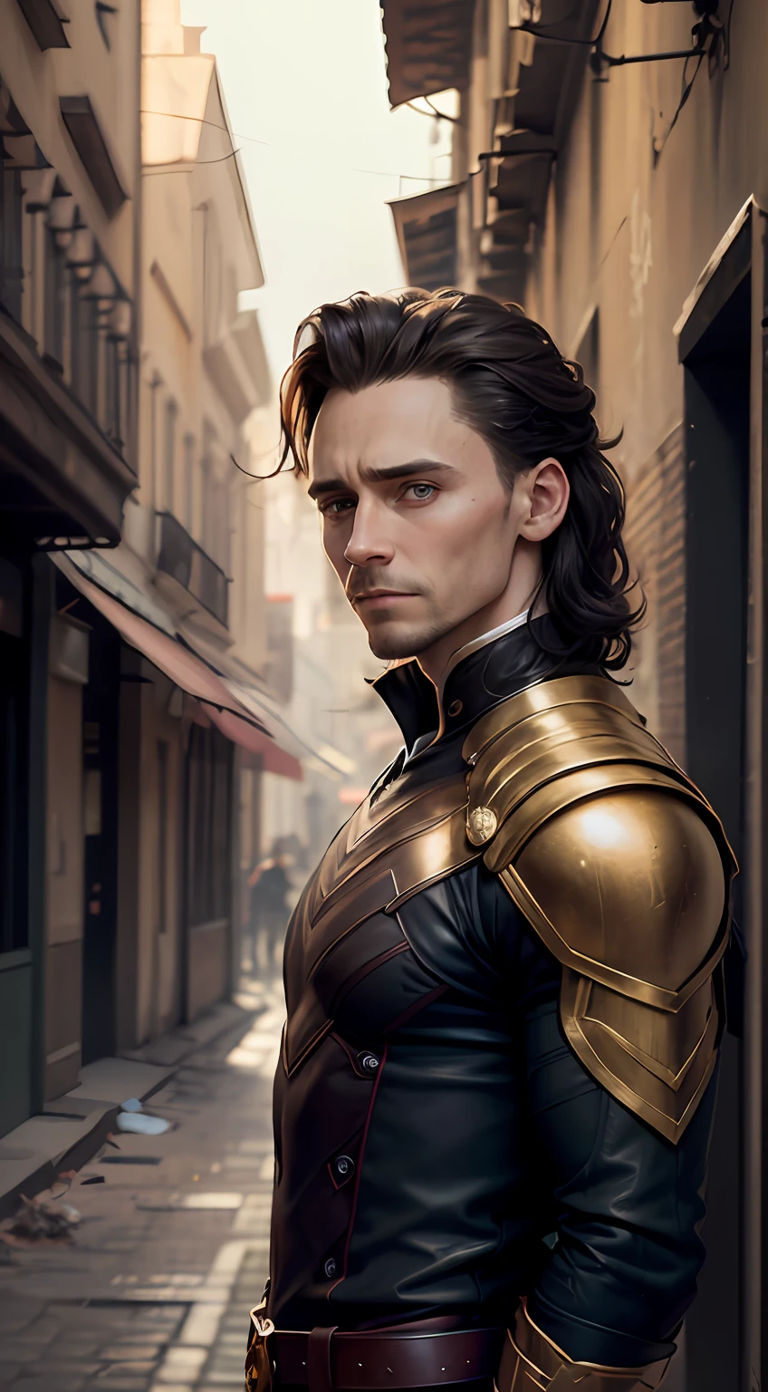 Tom Hiddleston as Loki The natural, beautiful, impressive, dashing facial expression, award-winning hairstyle, is a real masterpiece of masculine beauty, the face as in the movie, completes the anatomical perfection of a man standing tall in an abandoned city. The set lighting accentuates the movie-like outfit which adds to his confidence. The scenery is lush and mysterious, with the dark city and its surroundings. The camera details everything. When looking into beautiful eyes, there are eyes that will attract people. His gaze is on the viewer, you can clearly see every small detail, every perfect line, every beautiful leather detail with 8K quality, one is captivated by the confidence radiating from each eye. His head is framed with black hair and his face is drawn in meticulous detail using 8K quality images. --auto