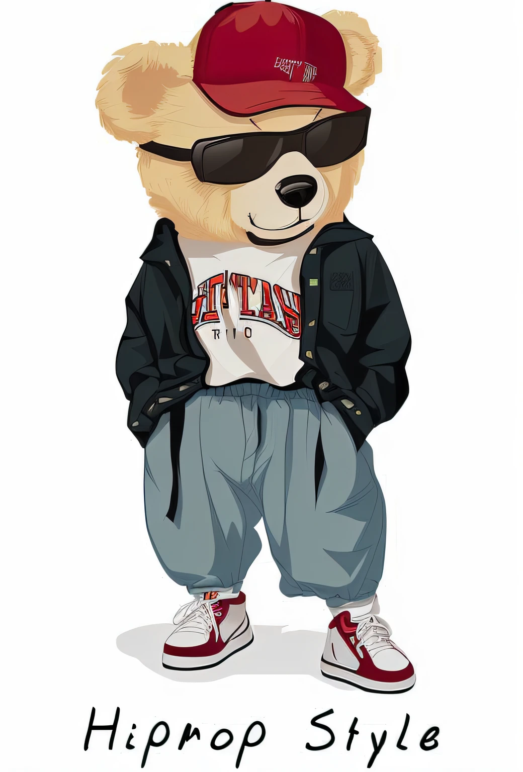 arafed teddy bear wearing a jacket and sunglasses with a hippie style t - shirt, Fursona usando roupas estilosas, olhando heckin legal e elegante, ( bear wearing sunglasses, Paulo Kratter, in style of digital illustration, mascote de corpo inteiro, cartoon style illustration, teddy fresh, portrait of anthropomorphic bear, high school mascot, estilo hip hop