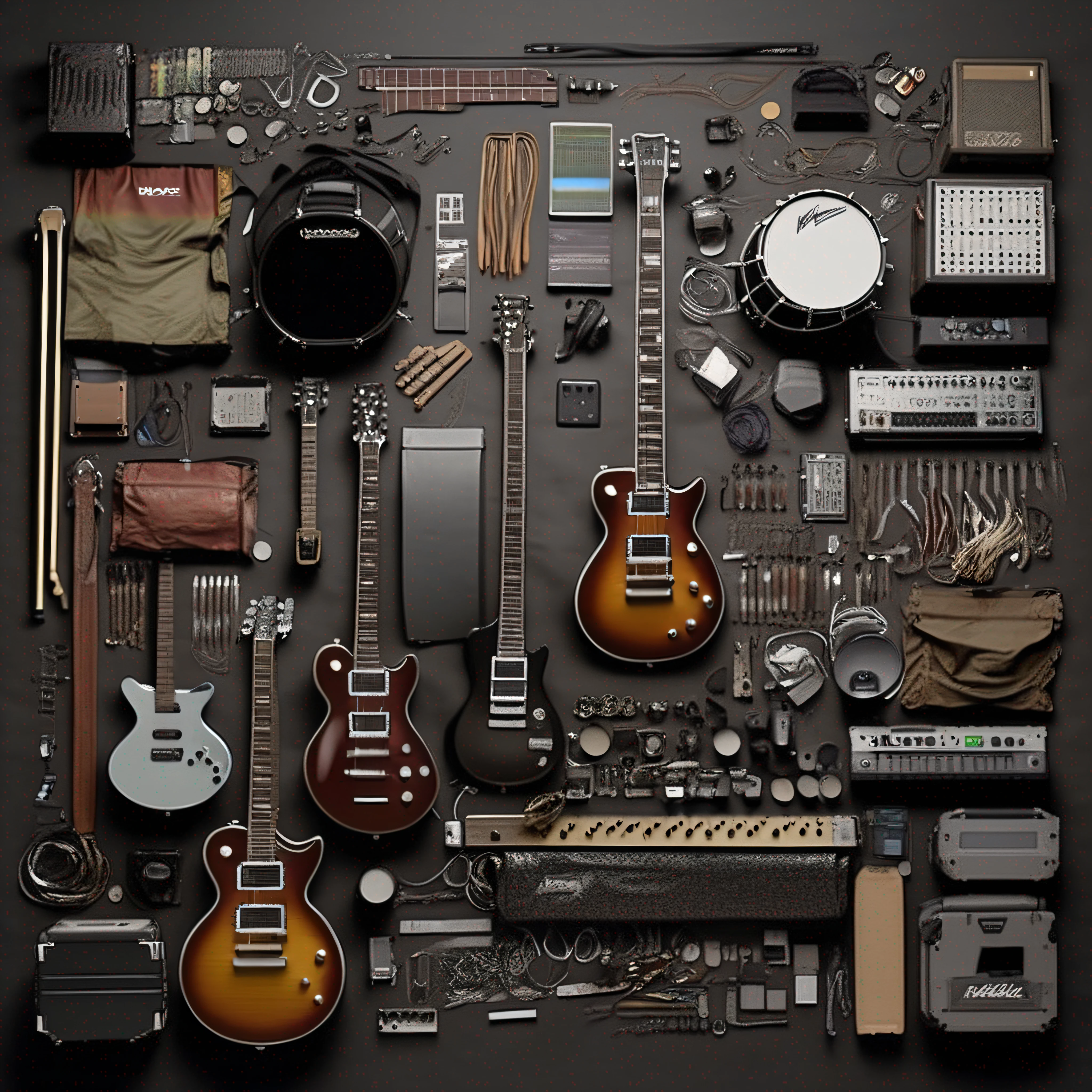 knolling of band of metallca, musician --Q 2 --V 5.2 --style raw --auto