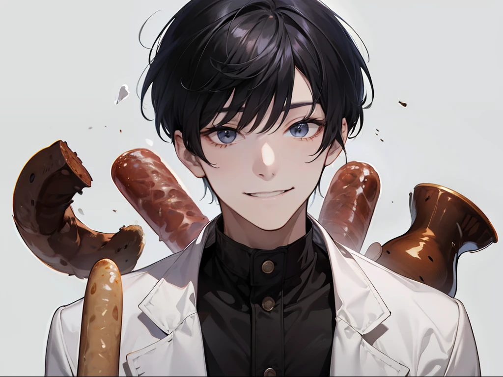 A guy,black color hair,short-cut hair,Wearing a white coat,Holding a few large sausages in his hand,Look at the camera with a smile