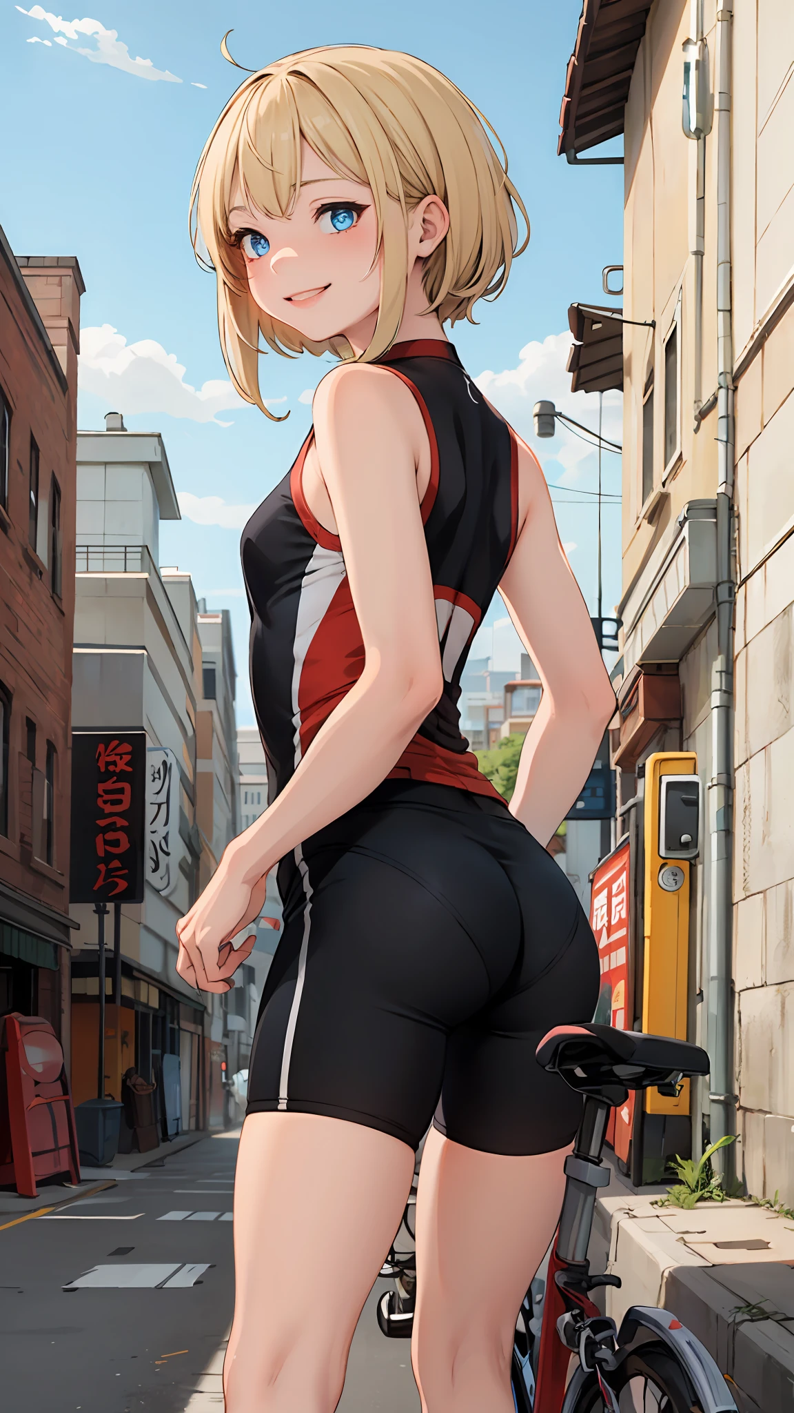 best quality, masterpiece, small breasts, ***********, smile, cycling shorts, outdoors, alone, anime style, outdoor deserted street, daytime, blue sky, blue eyes, detailed eyes, medium hair, blonde hair, loose hair, bangs, butt,