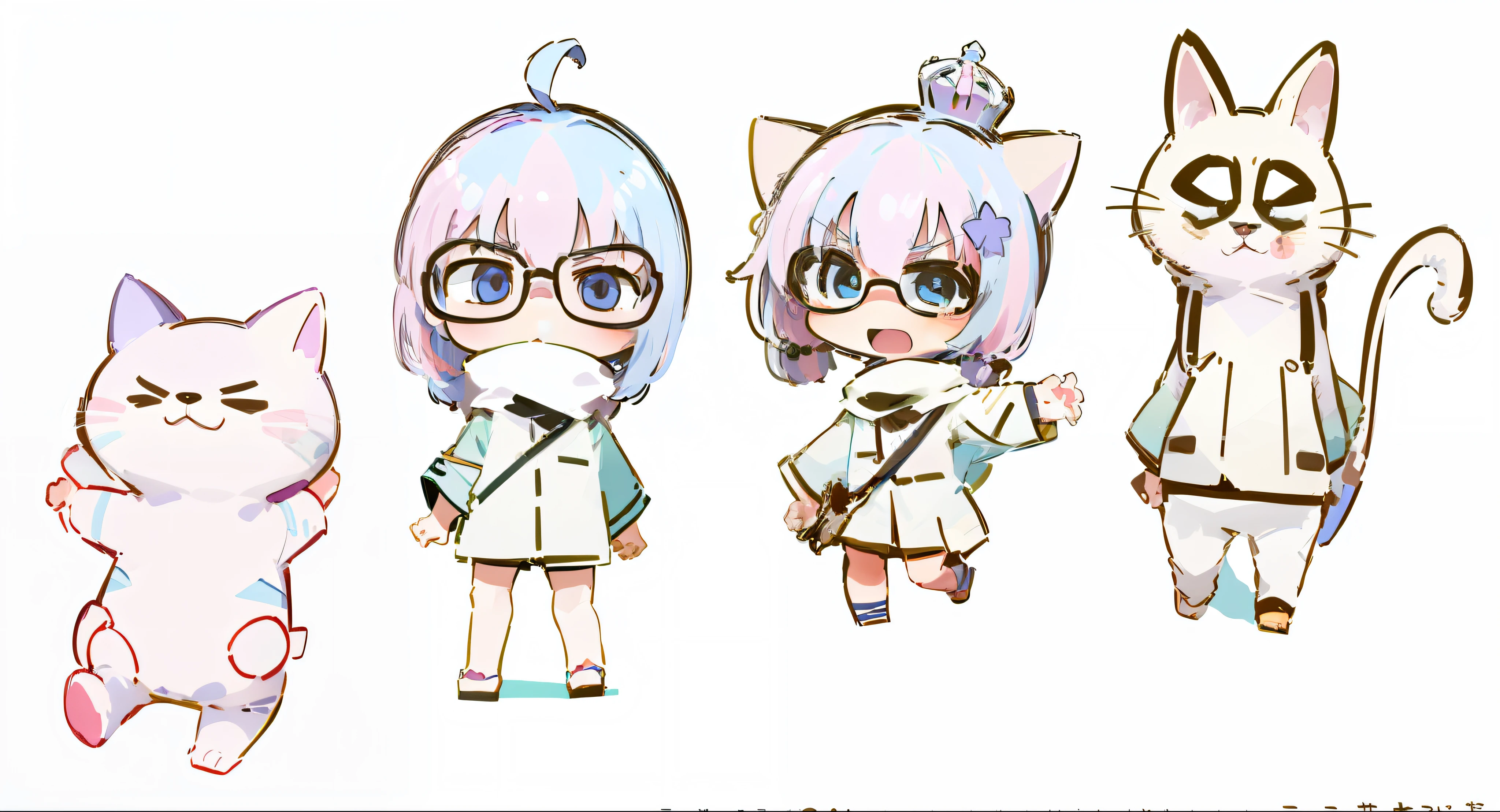 Three cartoon cats stand side by side，One wears a crown, In anime style, random characters, Cute characters, In a Japanese anime style, anime style only, in an anime style, assorted poses, style of anime, several character designs, anime set style, flat anime style shading, Cute anime style, 2 d anime style, style of anime, flat anime style --auto