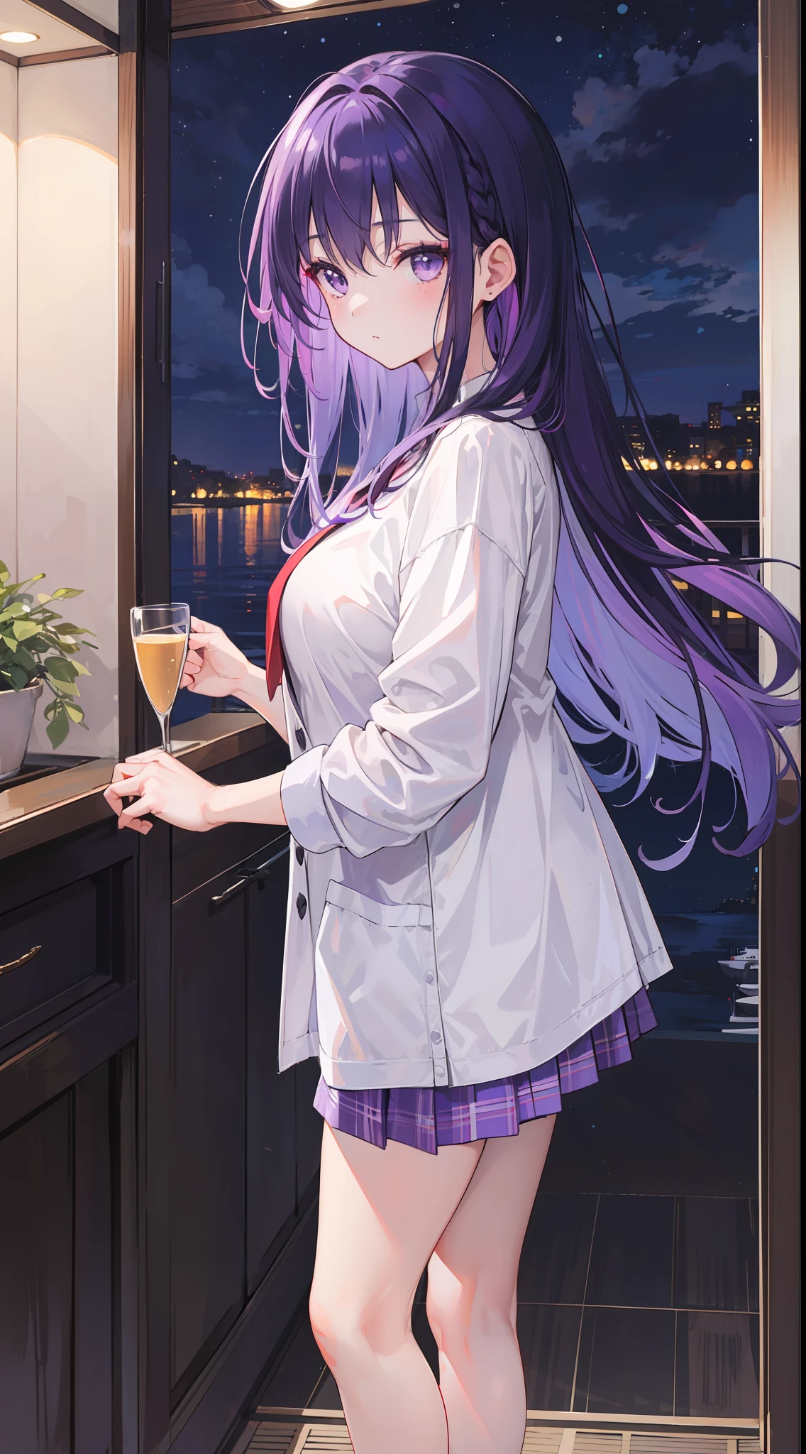 A girl, bright purple hair and dark purple eyes, long hair, wearing a casual cloth, cheeks are chubby, night, standing in yacht