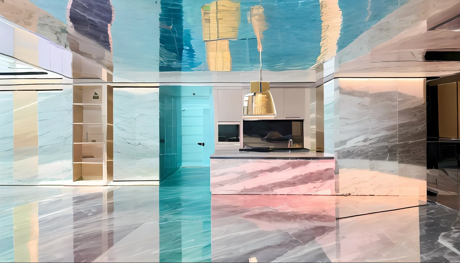 It was a homely apartment，The whole decoration is very high-grade Modi teal with gold stainless steel edges，The dark grey marble floor is complemented by a macaron cream contrast，巨作, Best quality，8K, UltraHighResolution，the living room，highend，posh,3 d perspective