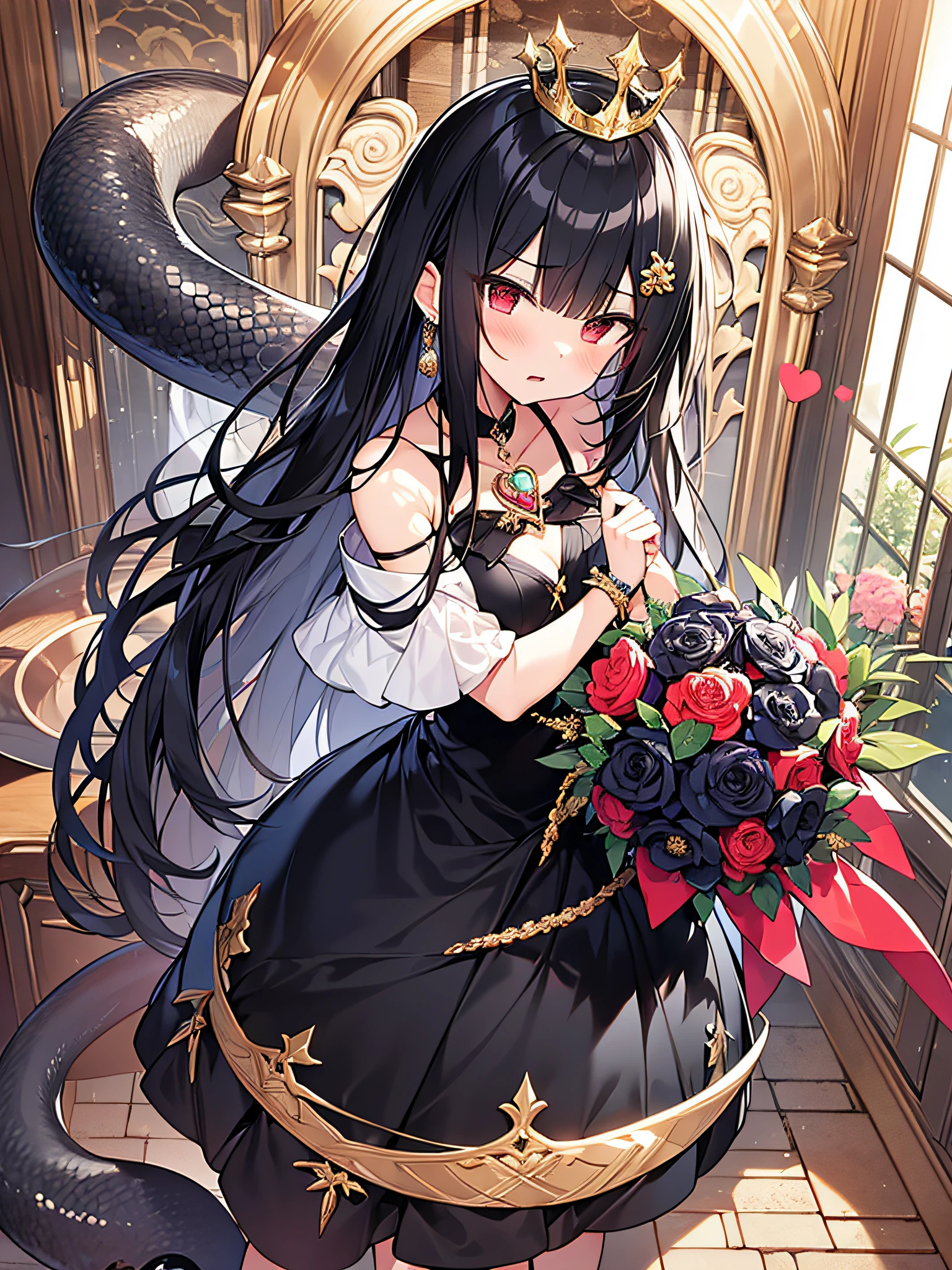 Masterpiece, Best Quality, , {{Eroge,game cg,High Quality Game CG},{{{1girls}}},{{Masterpiece}}, {{{Best Quality}}}, {{Ultra-detailed}}, {{Illustration}},, moumagical girl, heart brooch, Black hair, Red eyes,Angry,,dragon girl,dragon horn,、, neckless,frill skirt, Black dress,(gold tiara:dragon head1.25), , Long hair, dress shoes,Long hair,1girls,, ful,Petite,{{{Medusa}}},{{{{Black snake}}}},dragon hair, snake hairornament, Slit pupil, snake eyes,throne room、bouquets、holding bouquet、Black flowers、from below view、