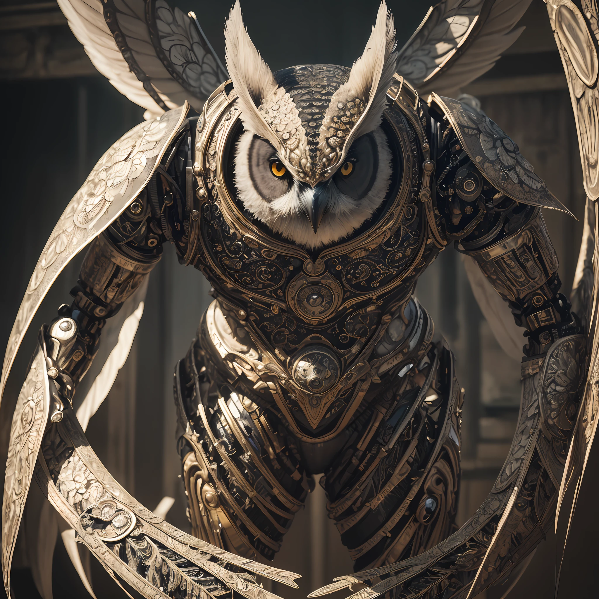 mutant, pixie+owl, 独奏, The whole body is made of metal, (A cyborg:1.1), ([tail | Detailed wire]:1.3), (intricate detail), HDR, (intricate detail, hyper-detail:1.2), Cinematic Frame, vignette, in the center, “Hyper-realistic textures," "Exact Details,” “Realistic still life,” “Realistic portraits,” “Realistic landscapes."