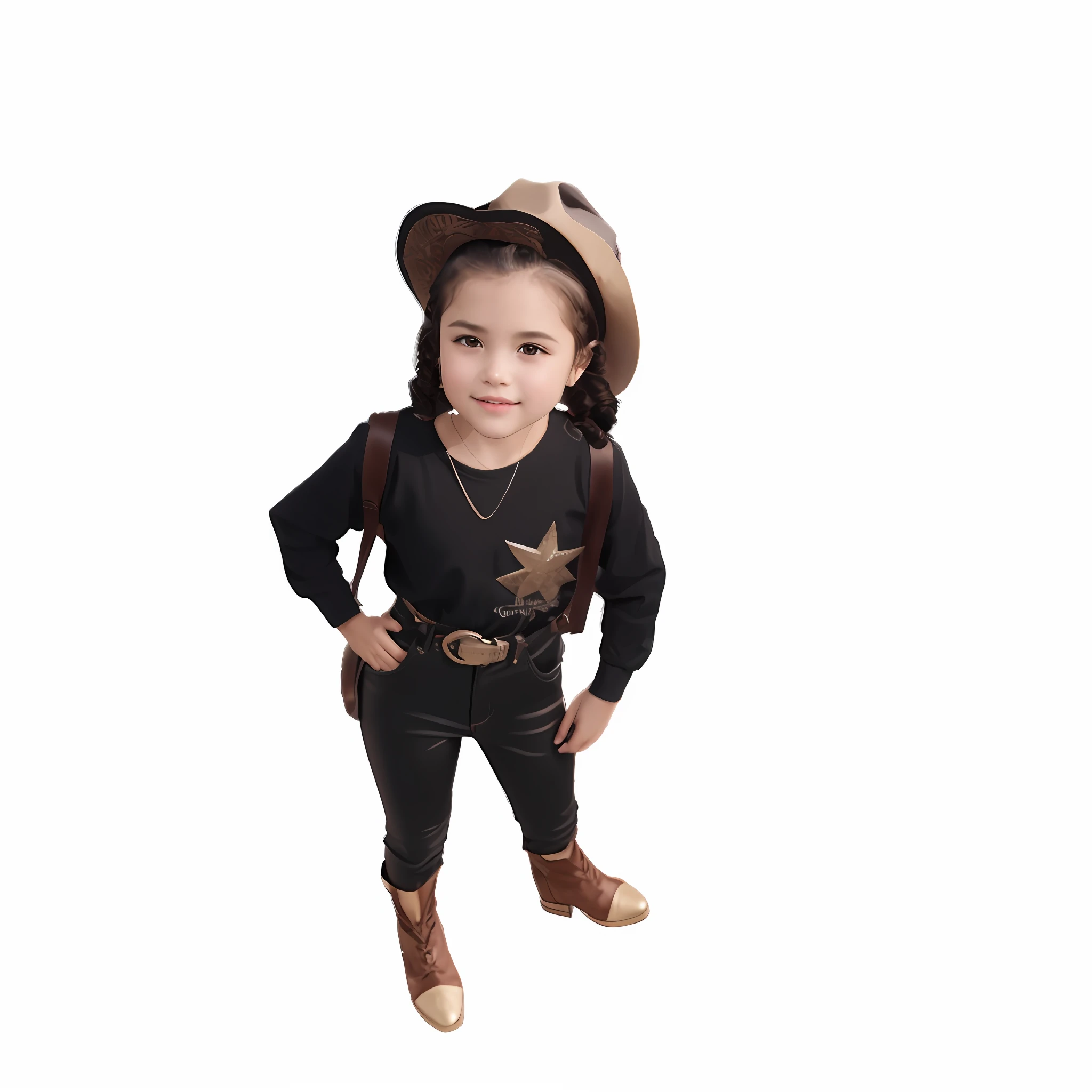 (Masterpiece) foto de alta qualidade, cowboy outfit and hat, pose elegante, rustic setting,(1 girl), cabelo castanho ondulado, brilho nos olhos, tender expression, pequena e encantadora.
