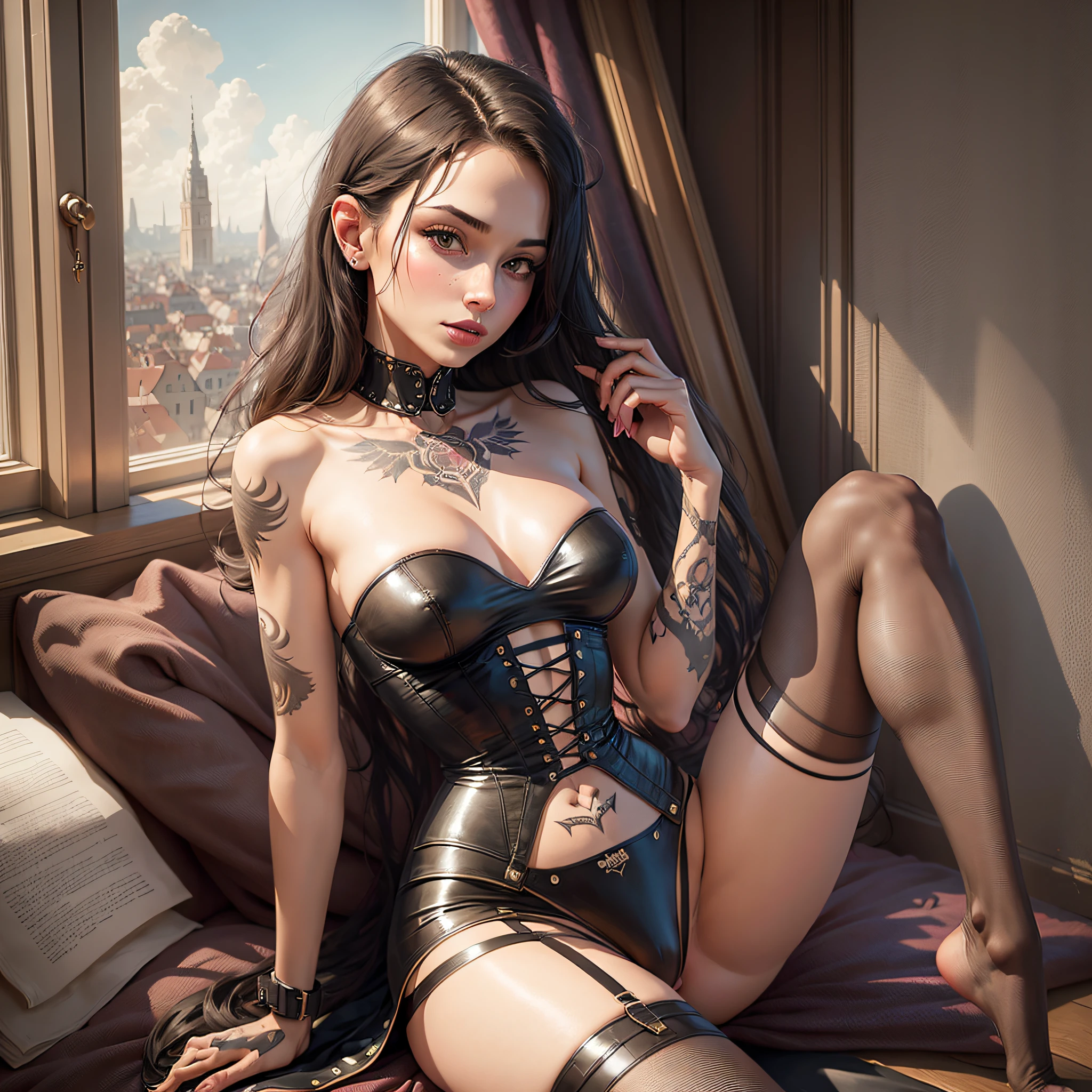 Full body portrait of a young woman with a mini skirt tank top outfit, clear distinct light blue realistic eyes; sitting, Michael Garmash, Daniel F Gerhartz, strybk style, warm dreamy lighting, Roman background, volumetric lighting, pulp adventure style, fluid acrylic, dynamic gradients, bold colour, illustration, highly detailed, simple, smooth and clean vector curves, vector art, smooth, johan grenier, character design, 3d shadowing, cinematic, ornate motifs, elegant organic framing, hyperrealism, posterized, masterpiece collection, bright lush colours, penumbra, wet gouache]