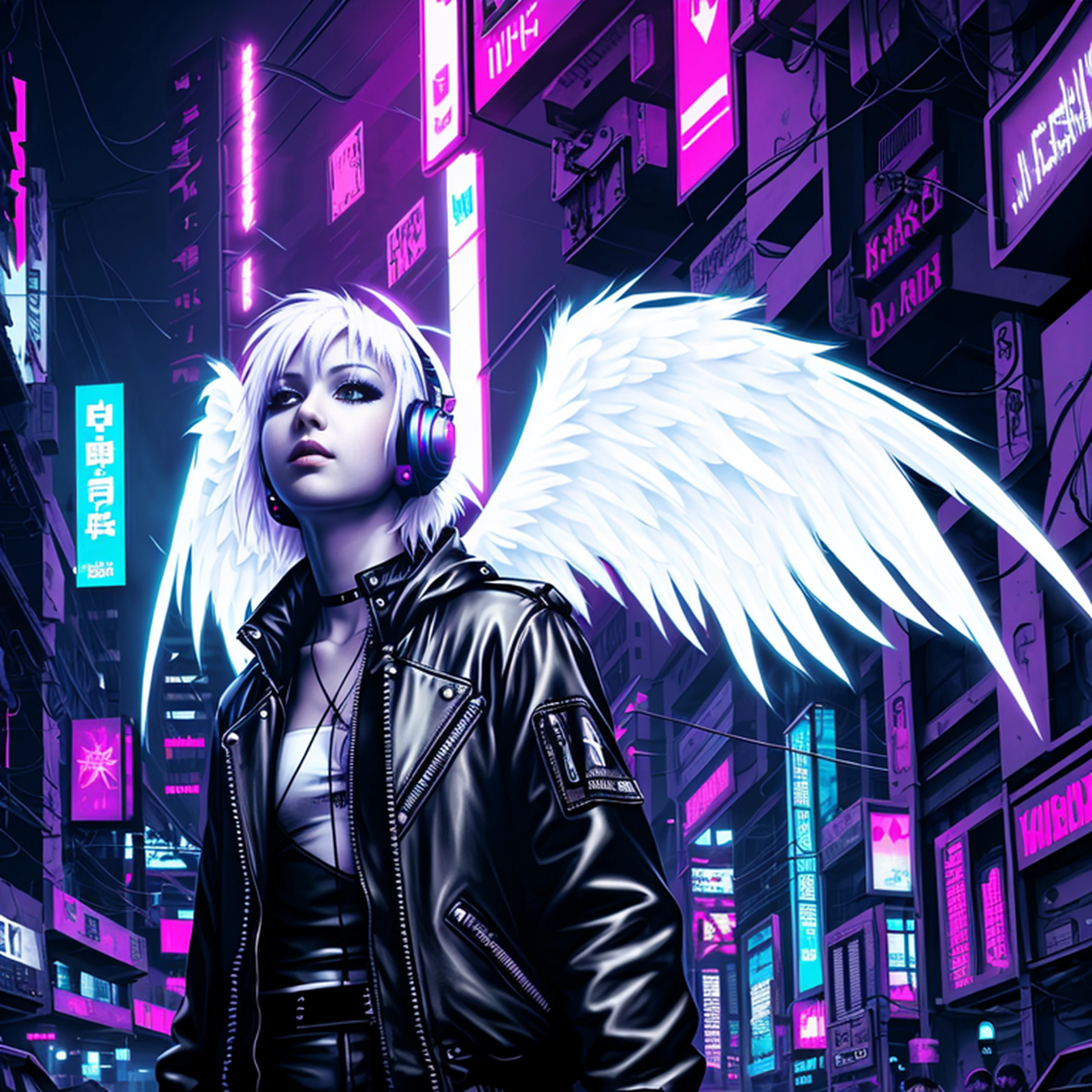 A girl in a cyberpunk world。The mechanical skeleton contains the pulse of future technology,She stands on the edge of a skyscraper,Blue neon lights reflected her deep eyes。The wings intertwined by electronic circuits and wires fluttered slightly behind her,Like a mechanical angel in the night。She was dressed in a tight black leather coat,Pair it with cool glowing tattoos,A mysterious blend of the future and ancient symbols。There seemed to be indifference and determination hidden in her eyes,At the same time, it reveals softness and longing。The camera captures the azure sky behind her with a wide-angle lens,Sunset,Cast a golden mottled light and shadow。The photo has a surrealist style,Through digital processing,Enhance colors to the extreme,Create a bizarre illusion。The work was shot on film,It shows the collision of classic and modern,Forever freeze the wonderful moments of the future of technology and human emotions。 --auto