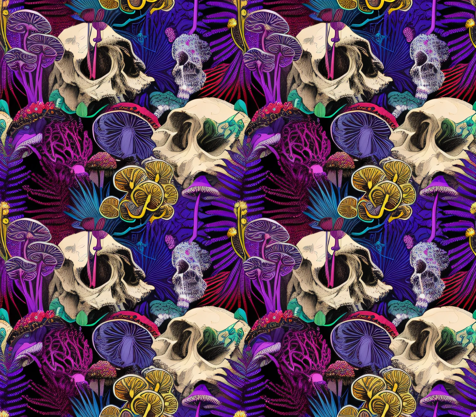 a close up of a pattern of skulls and flowers, psychedelic mushrooms dream, surreal psychedelic design, alien flora and fauna, psychedelic vegetation, psychedelic forest, hyperdetailed colourful, trippy mushroom, exotic alien flora, maximalist, psychedelic cosmic horror, hyperbeast design, psychedelic illustration, whimsical and psychedelic, maximalism digital art, psychedelic lush pine forest, neon mushrooms --auto