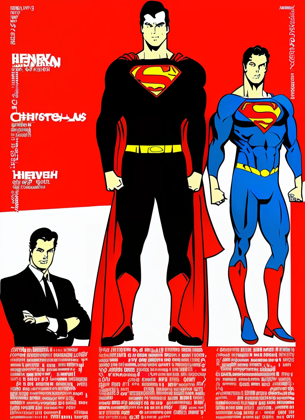 Give me an image that fits the 3 versions of Superman in illustration (christopher reeves, brandon routh e henri cavill)