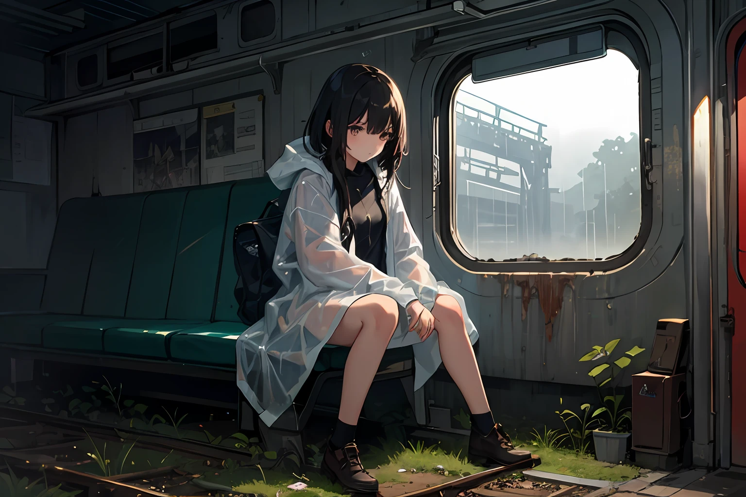 (masterpiece, best quality:1.2), abandoned train, field, 1girl, white panties, raincoat, sitting inside a train, rain, dark, rusty, best lighting, best shadows