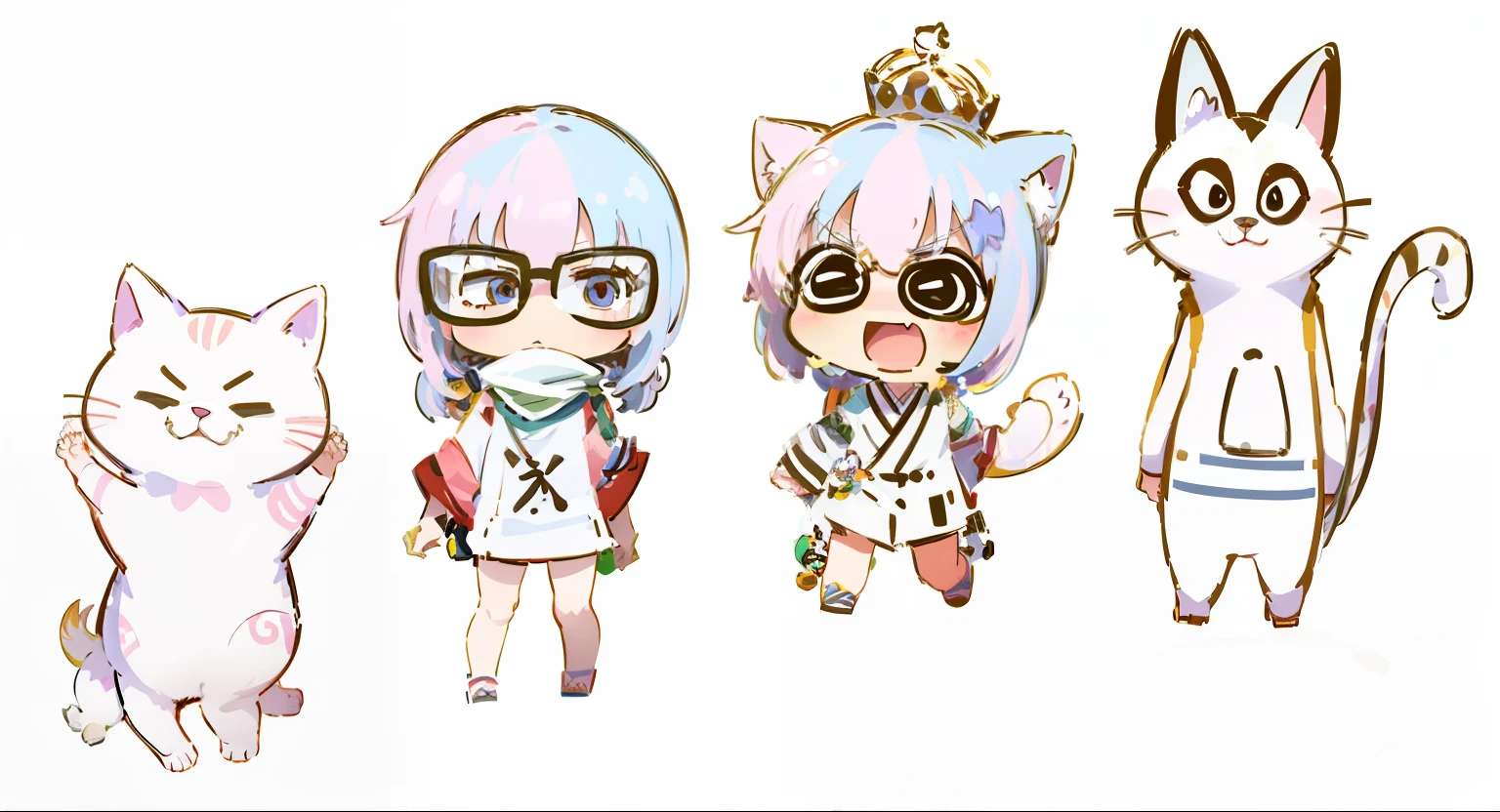 Three cartoon cats stand side by side,One wears a crown, In anime style, random characters, Cute characters, In a Japanese anime style, anime style only, in an anime style, assorted poses, style of anime, several character designs, anime set style, flat anime style shading, Cute anime style, 2 d anime style, style of anime, flat anime style --auto