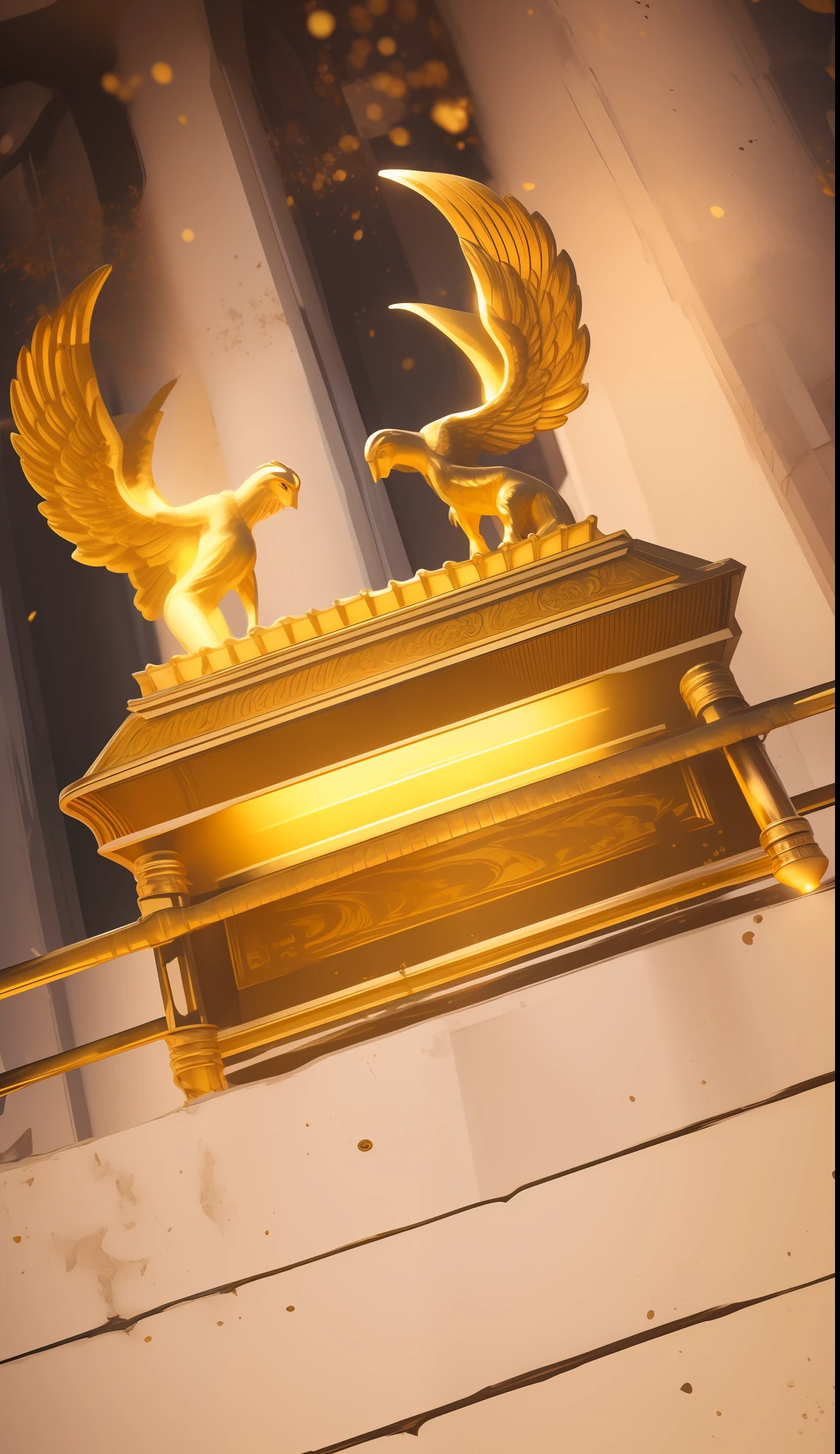 uma imagem de uma arca dourada com dois anjos sobre ela, gold gates of heaven!!!!!!!!, tabernacle deep focus, tall golden heavenly gates, ophanim has bird wings, pilares dourados, beautiful depiction, pilares de ouro puro, Asas de Ouro, Trono de Ouro, bible illustration, " golden chalice, Directed by: Joseph Werner, sentado em um trono de ouro, Cinematic, Photoshoot, Shot on 25mm lens, Depth of Field, Tilt Blur, Shutter Speed 1/1000, F/22, White Balance, 32k, Super-Resolution, Pro Photo RGB, Half rear Lighting, Backlight, Dramatic Lighting, Incandescent, Soft Lighting, Volumetric, Conte-Jour, Global Illumination, Screen Space Global Illumination, Scattering, Shadows, Rough, Shimmering, Lumen Reflections, Screen Space Reflections, Diffraction Grading, Chromatic Aberration, GB Displacement, Scan Lines, Ambient Occlusion, Anti-Aliasing, FKAA, TXAA, RTX, SSAO, OpenGL-Shader’s, Post Processing, Post-Production, Cell Shading, Tone Mapping, CGI, VFX, SFX, insanely detailed and intricate, hyper maximalist, elegant, dynamic pose, photography, volumetric, ultra-detailed, intricate details, super detailed, ambient –uplight –v 4 –q 2