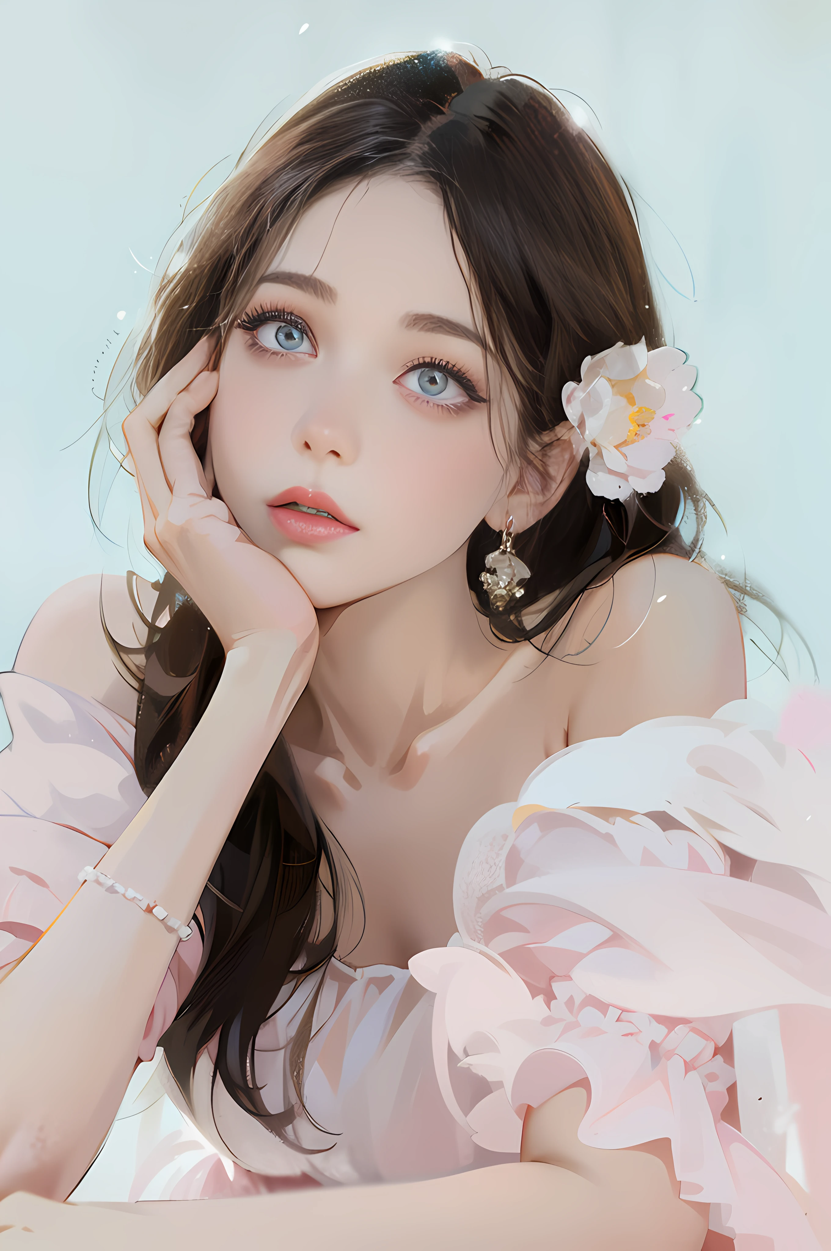 (nmasterpiece：1.2), Best quality,Unity 8k wallpaper, ultra -detailed, (s fractal art: 1.2), japan animation, CG, 1girls，a close up of a woman with long hair wearing a pink dress, Delicate makeup,Bright eye，ear ring，pink  dress，Clear jade earrings，Closed lips