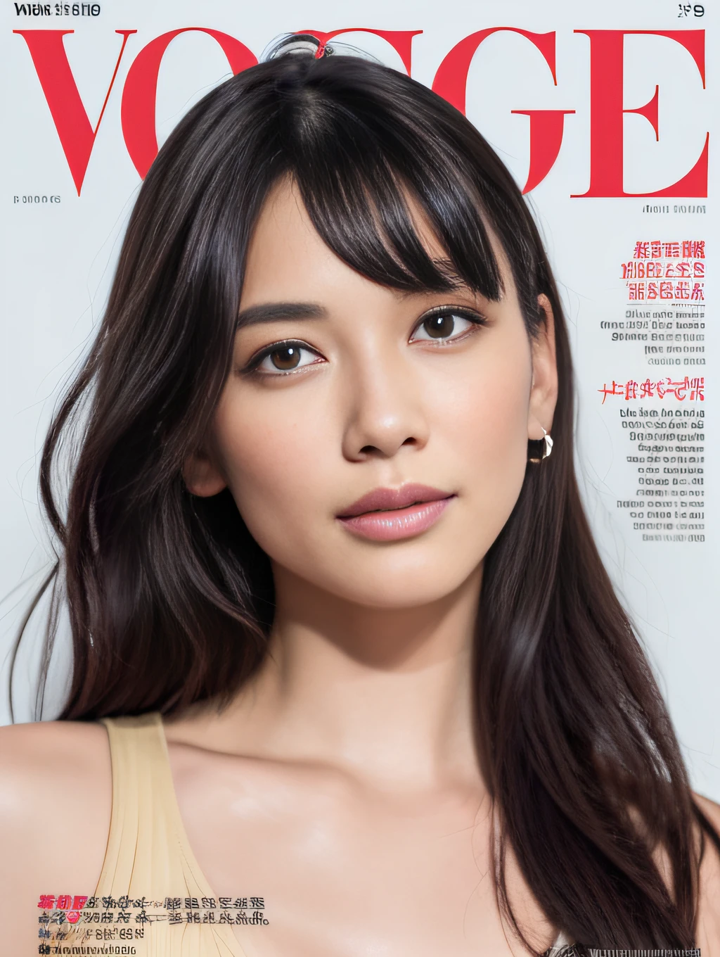 Voge Magazine，1girls，Very beautiful，Delicate facial features，Fashionable clothes，The cover content is real，Magazine English alphabet，Perfect figure，Idol magazine cover，nmasterpiece，highly quality，looking at the spectator，Magazine closure，UltraHighResolution