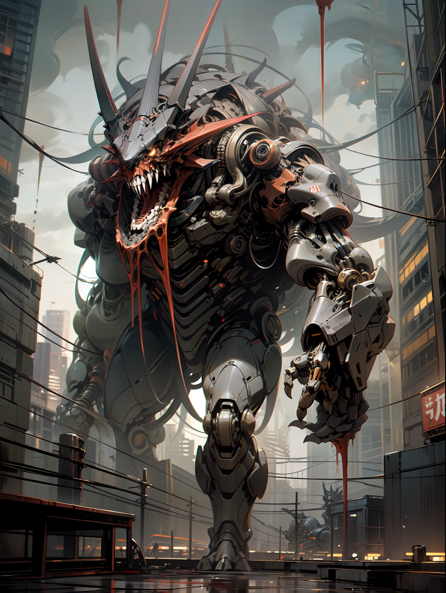 400-meter-tall zombie biomechanical beast with huge spiked drills instead of arms, Small mouth less head with four rows of eyes, Skeletal body, patas robustas, long tail with a sting-shaped laser cannon.