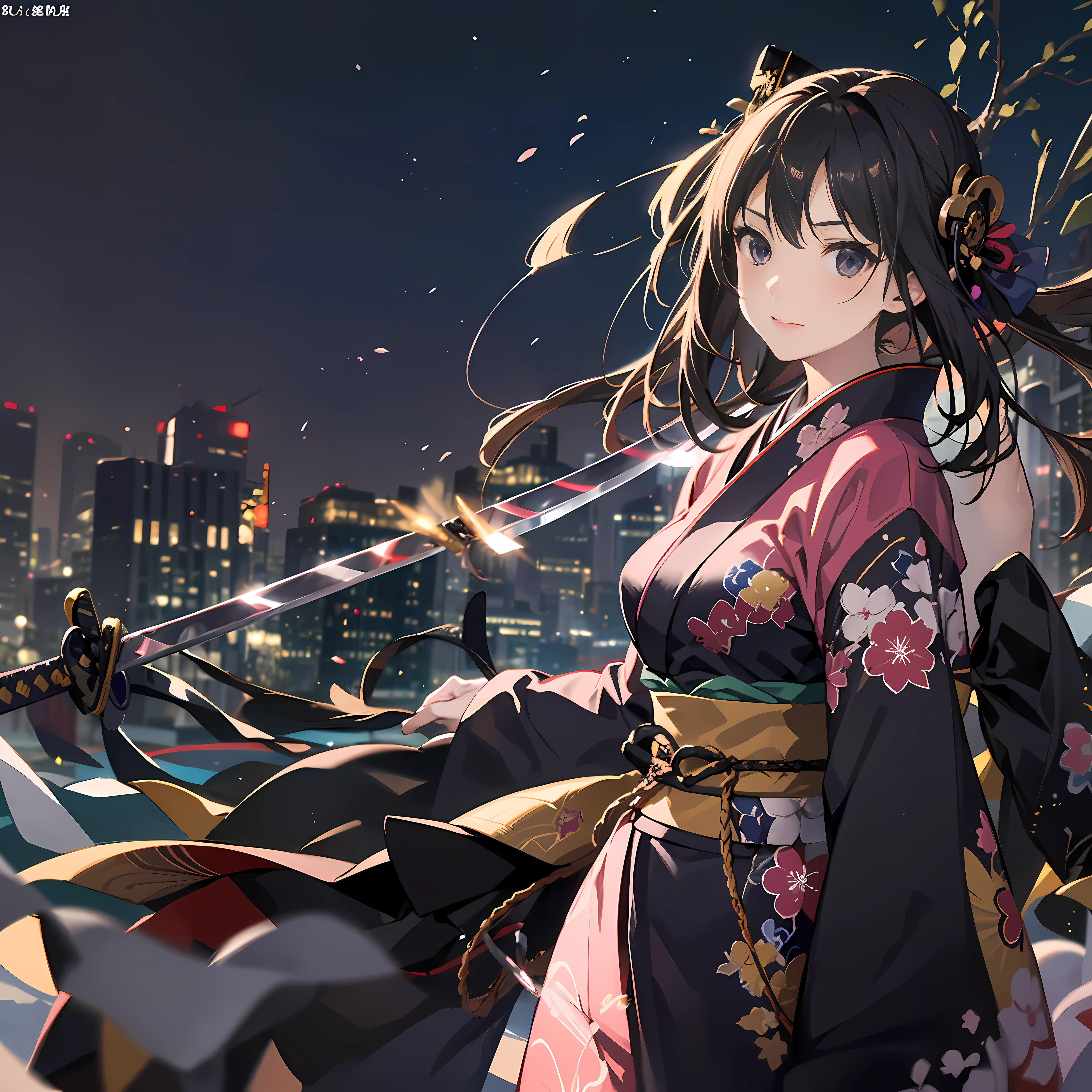 1woman, (beautiful:1), kimono merged with cyborg armer, walking, jumping, Kyoto, (twirling Katana:1.5), masterpiece, 8K
