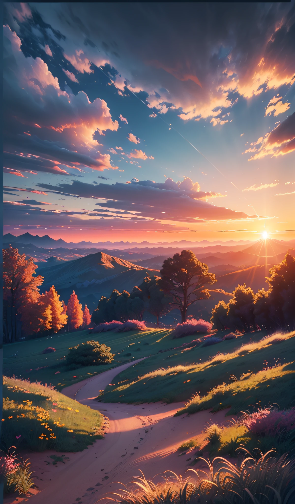 (extremely detailed CG unity 8k wallpaper, masterpiece, best quality, ultra-detailed), (sunset, high saturation, beautiful sky, amazing clouds), winding path, trees in the distance, horizon, peaceful atmosphere, depth of field. --auto --s2