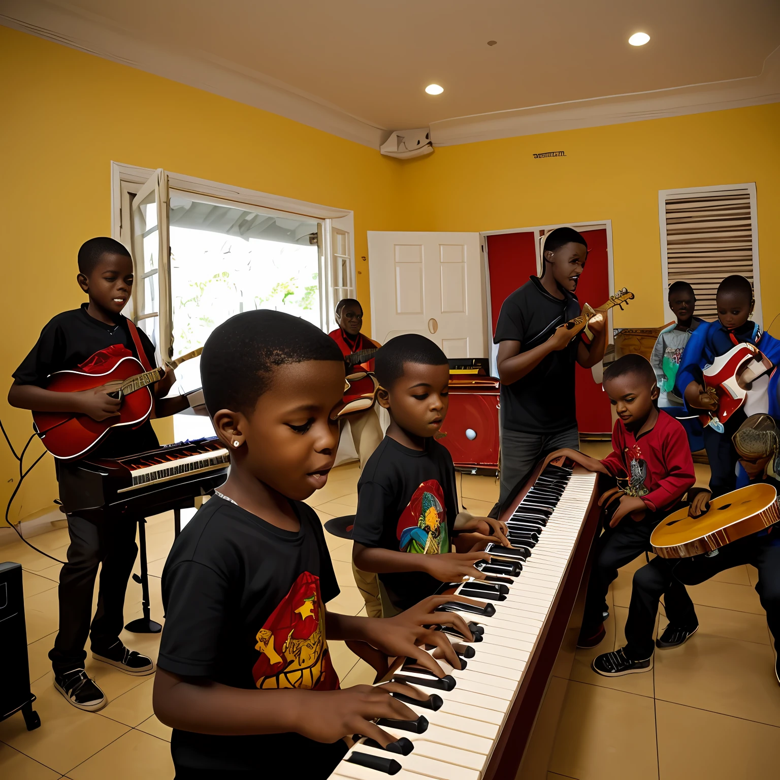 meninos africanos tocando piando e vocalista, Banda Musical Infantil Africana, guitarra de piano