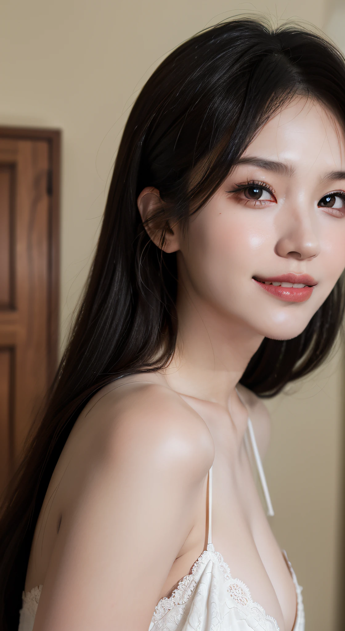 最佳质量,nmasterpiece,UltraHighResolution,(Realistic big breasts:1.4),OriginalPhoto,(Authentic skin texture:1.3),(filmgrain:1.3),the panorama,18yo girl,Portrait of character,Haut du corps,ponytailhair,narrow waisted,inside room,largebreasts,mesmerizing eyes,Beautiful details for eyes and face,,brown-eyed,Smile with