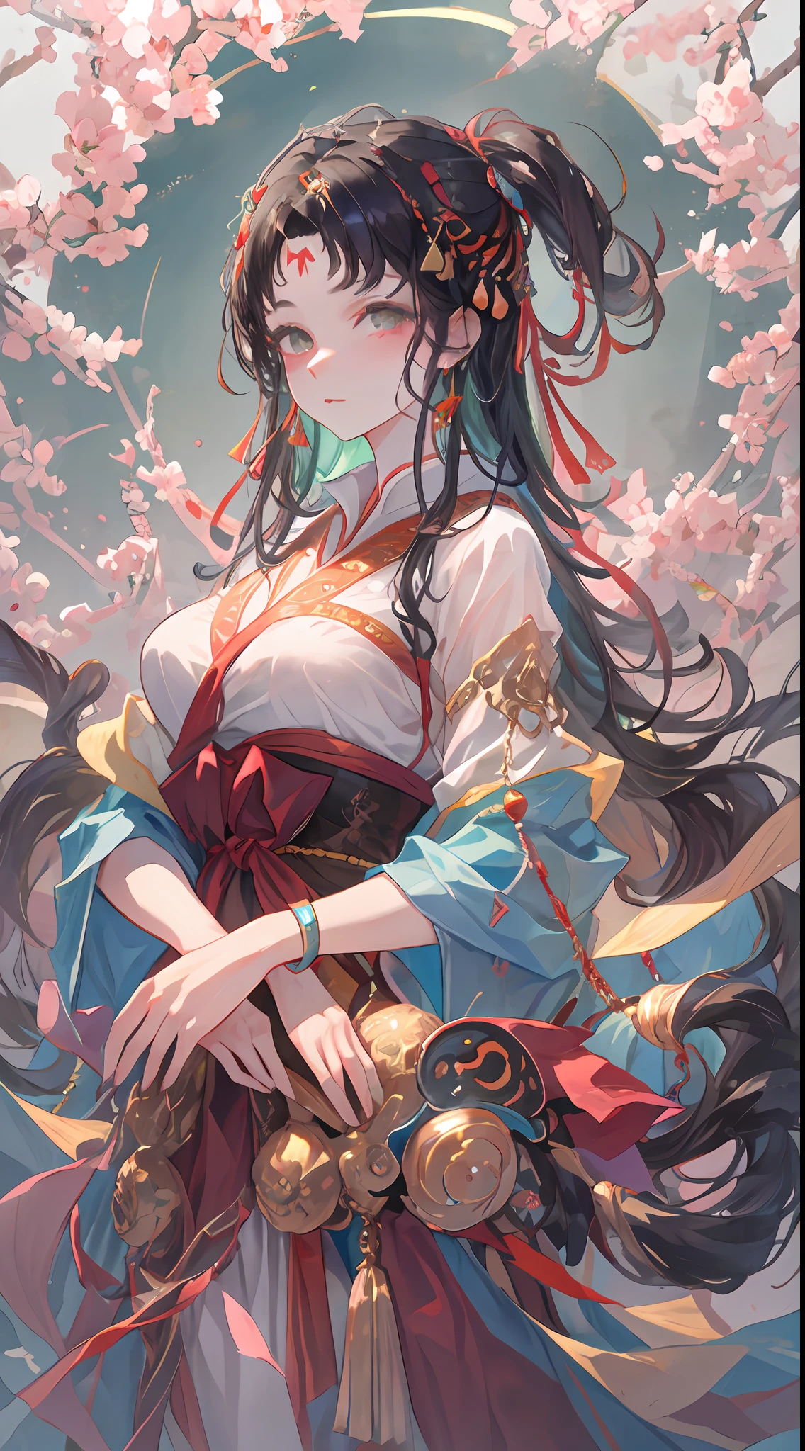 A beautiful girl in ancient China, aloof temperament, rose red long dress, huge plum blossoms, standing under a tree, sunshine, clear face, masterpiece, super detailed, epic composition, high quality, highest quality, 16k