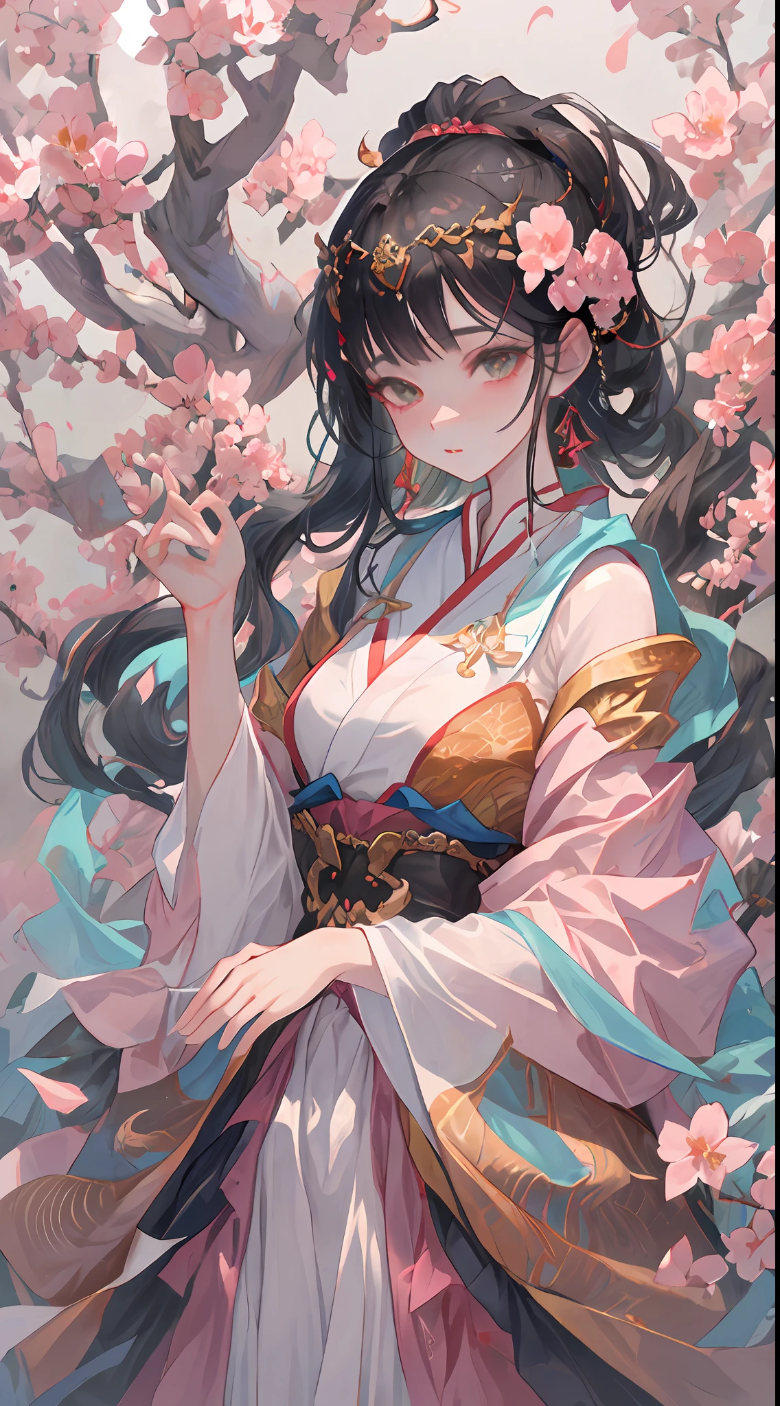 A beautiful girl in ancient China, aloof temperament, rose red long dress, huge plum blossoms, standing under a tree, sunshine, clear face, masterpiece, super detailed, epic composition, high quality, highest quality, 16k