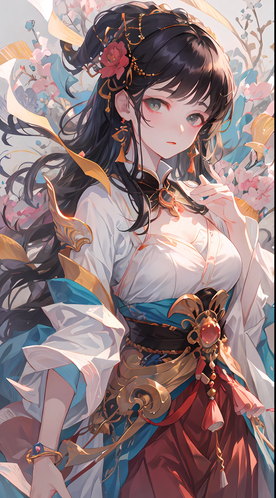 A beautiful girl in ancient China, aloof temperament, rose red long dress, huge plum blossoms, standing under a tree, sunshine, clear face, masterpiece, super detailed, epic composition, high quality, highest quality, 16k