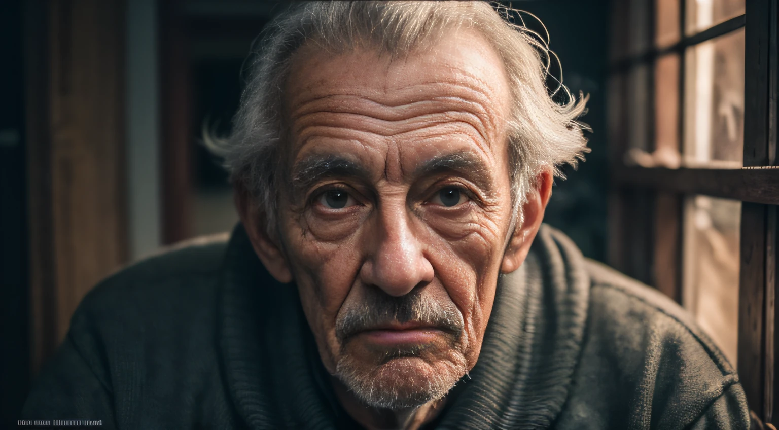 Cinematic portrait photo of a very interesting old man inside a house, olhos azuis abertos, retrato VFX altamente detalhado, taken with a full frame camera with a wild lens, em sua casa,