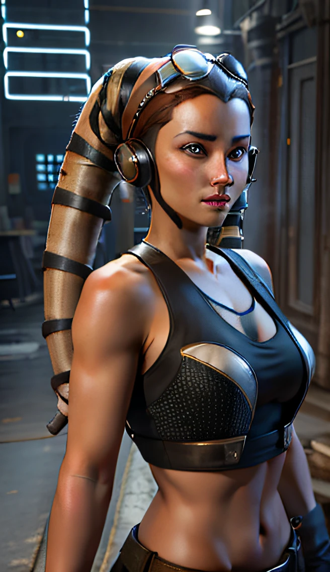 make realistic, 3d graphic, twi'lek, young, girl, jedi knight, teen face, ****, innocent face, lekku, no headband, nothing on head, stay with original colors of character